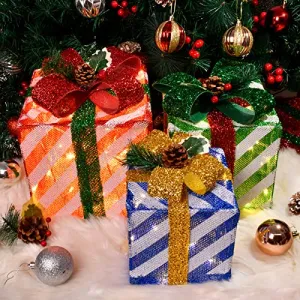 Christmas Decorations Set of 3 Lighted Gift Boxes with Bows Decor, LED Light Up Present Box Battery Operated Decor for Under Xmas Tree, Christmas Decor for Indoor Outdoor Holiday Party Home Yard Lawn