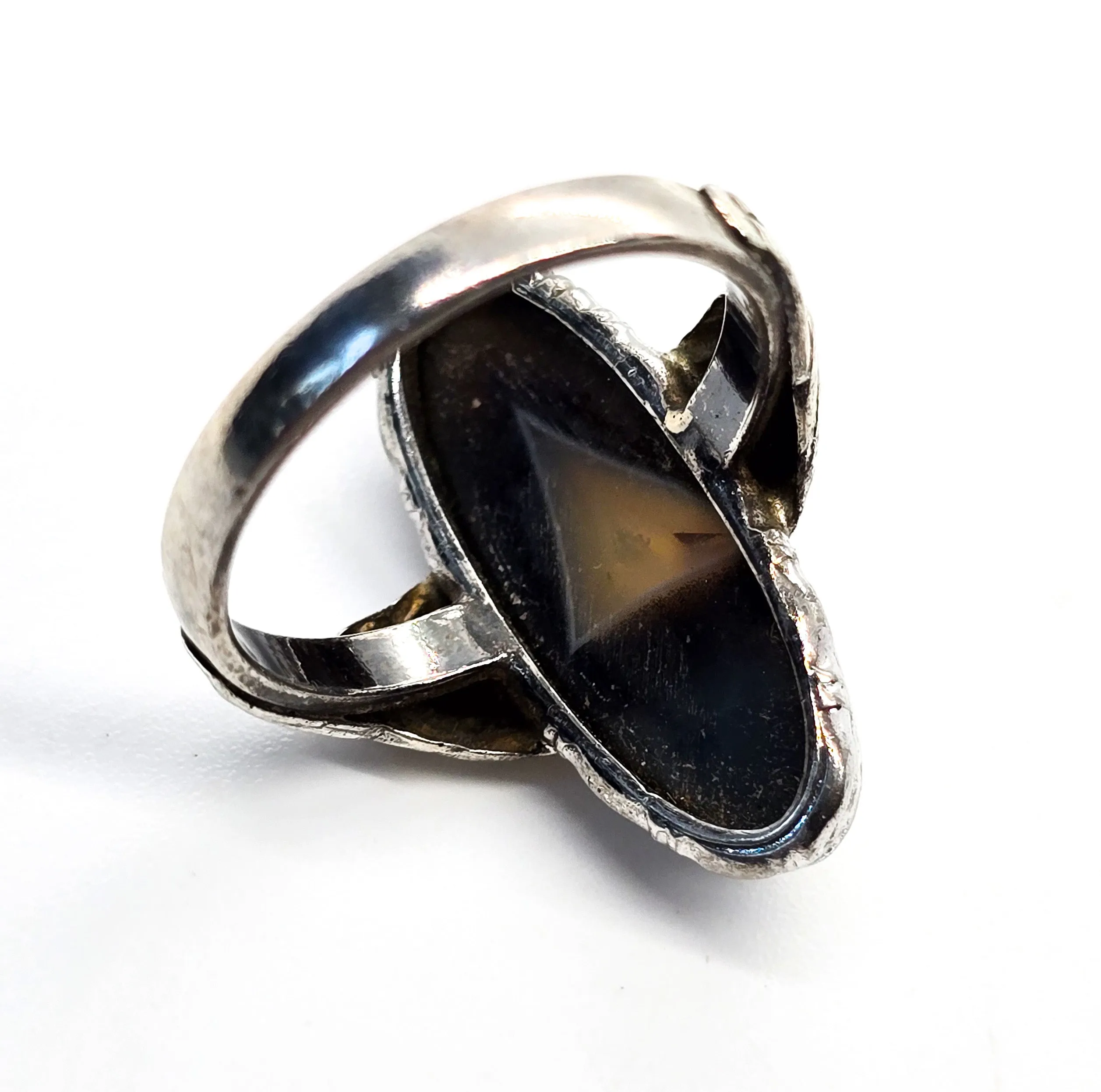 Clark and Coombs Banded Botswana Agate Art Deco antique sterling silver ring size 6