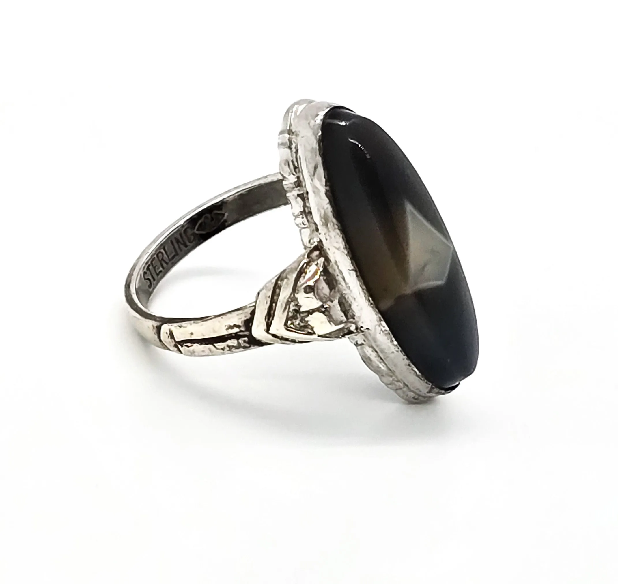 Clark and Coombs Banded Botswana Agate Art Deco antique sterling silver ring size 6