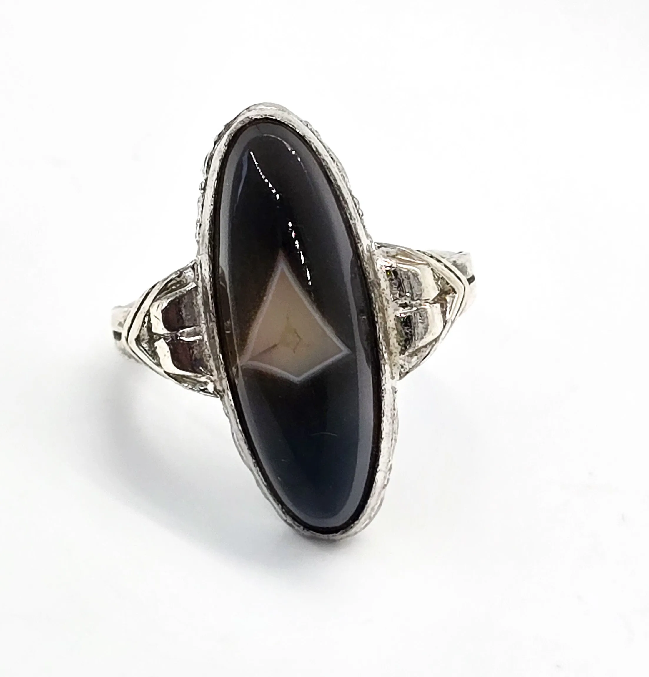 Clark and Coombs Banded Botswana Agate Art Deco antique sterling silver ring size 6