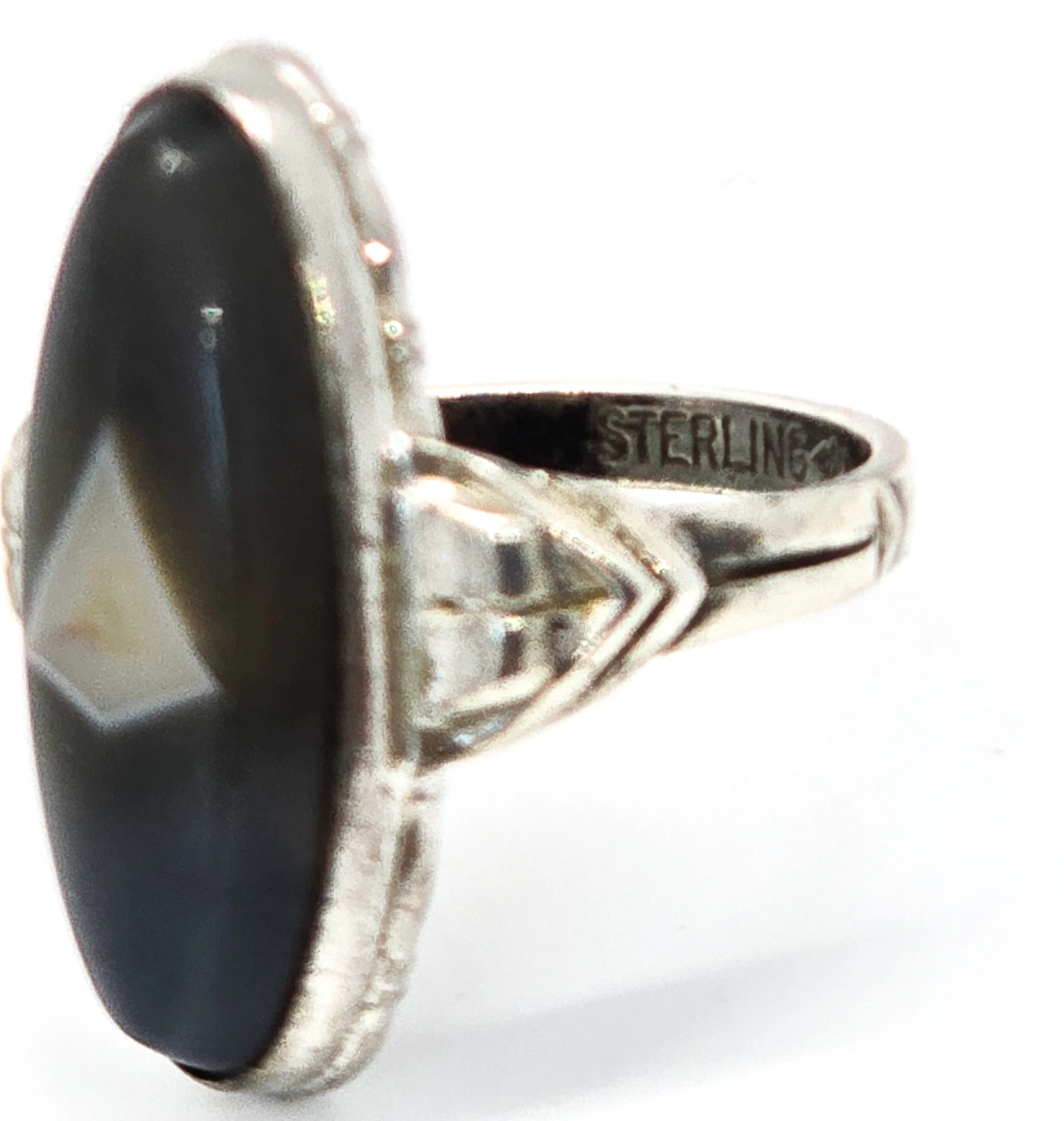 Clark and Coombs Banded Botswana Agate Art Deco antique sterling silver ring size 6