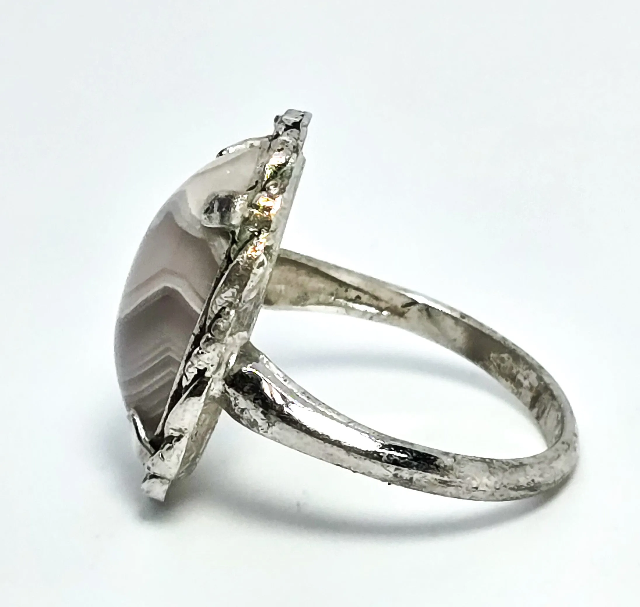 Clark and Coombs rhodium plated sterling silver banded agate Art Deco ring size 6.5