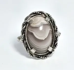 Clark and Coombs rhodium plated sterling silver banded agate Art Deco ring size 6.5