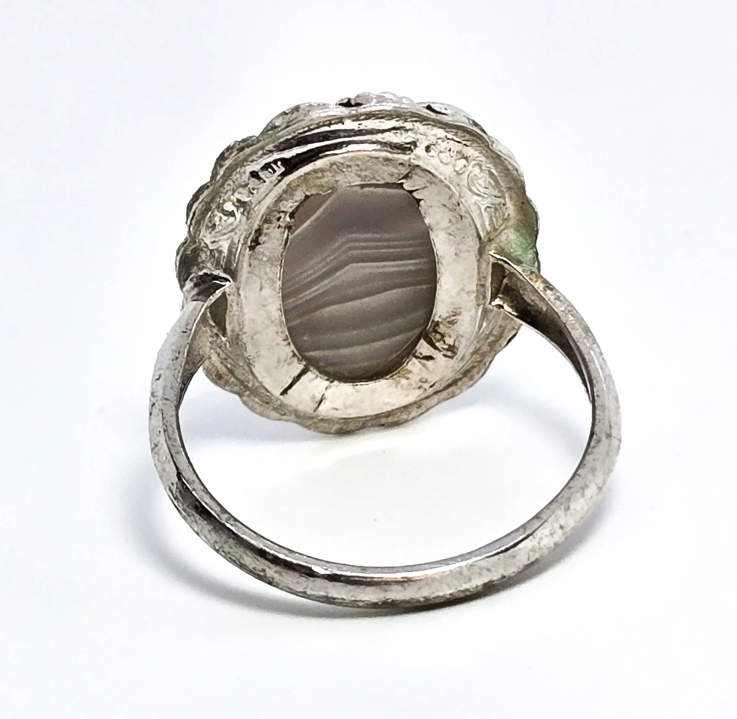 Clark and Coombs rhodium plated sterling silver banded agate Art Deco ring size 6.5