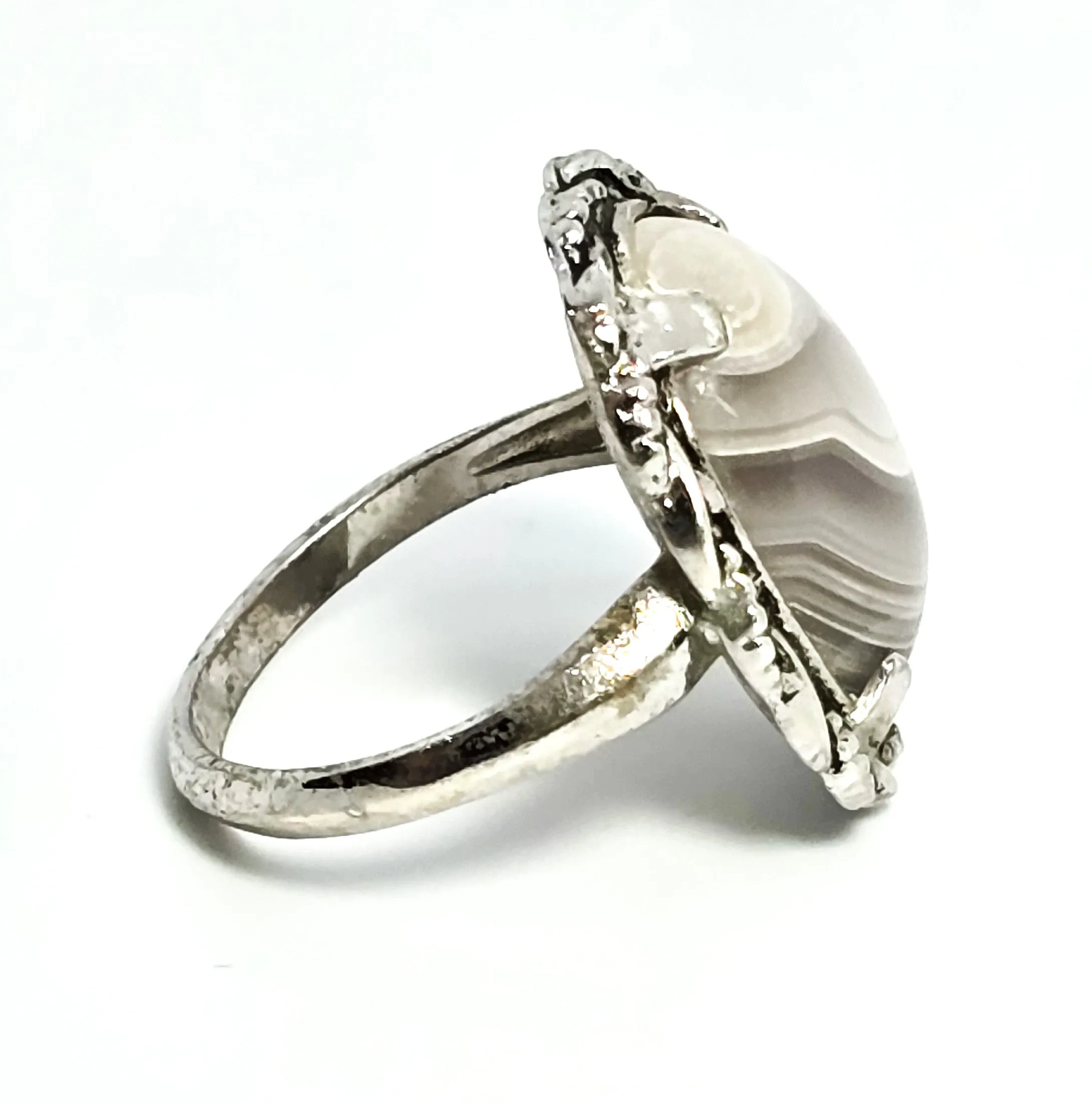 Clark and Coombs rhodium plated sterling silver banded agate Art Deco ring size 6.5