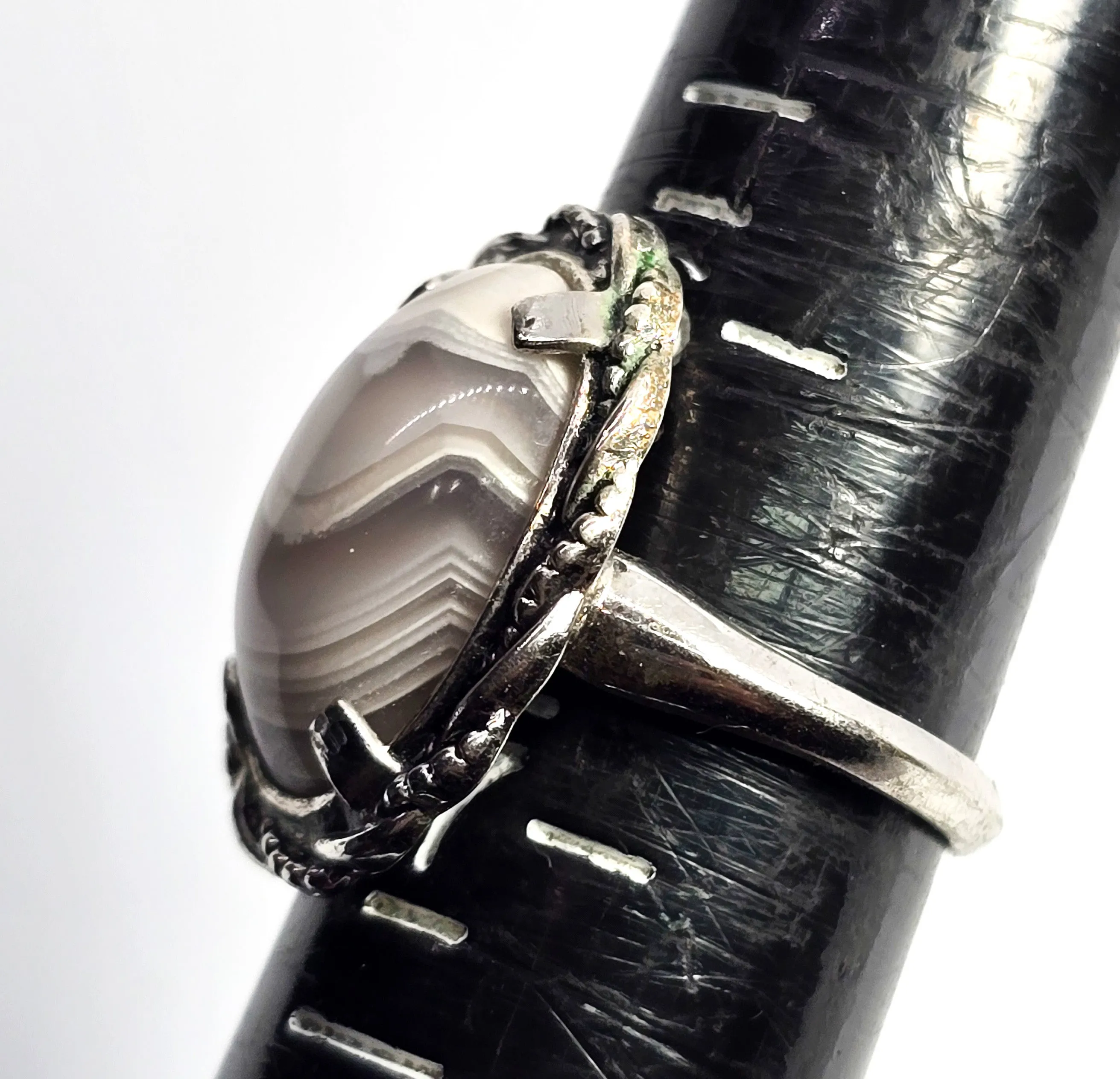 Clark and Coombs rhodium plated sterling silver banded agate Art Deco ring size 6.5