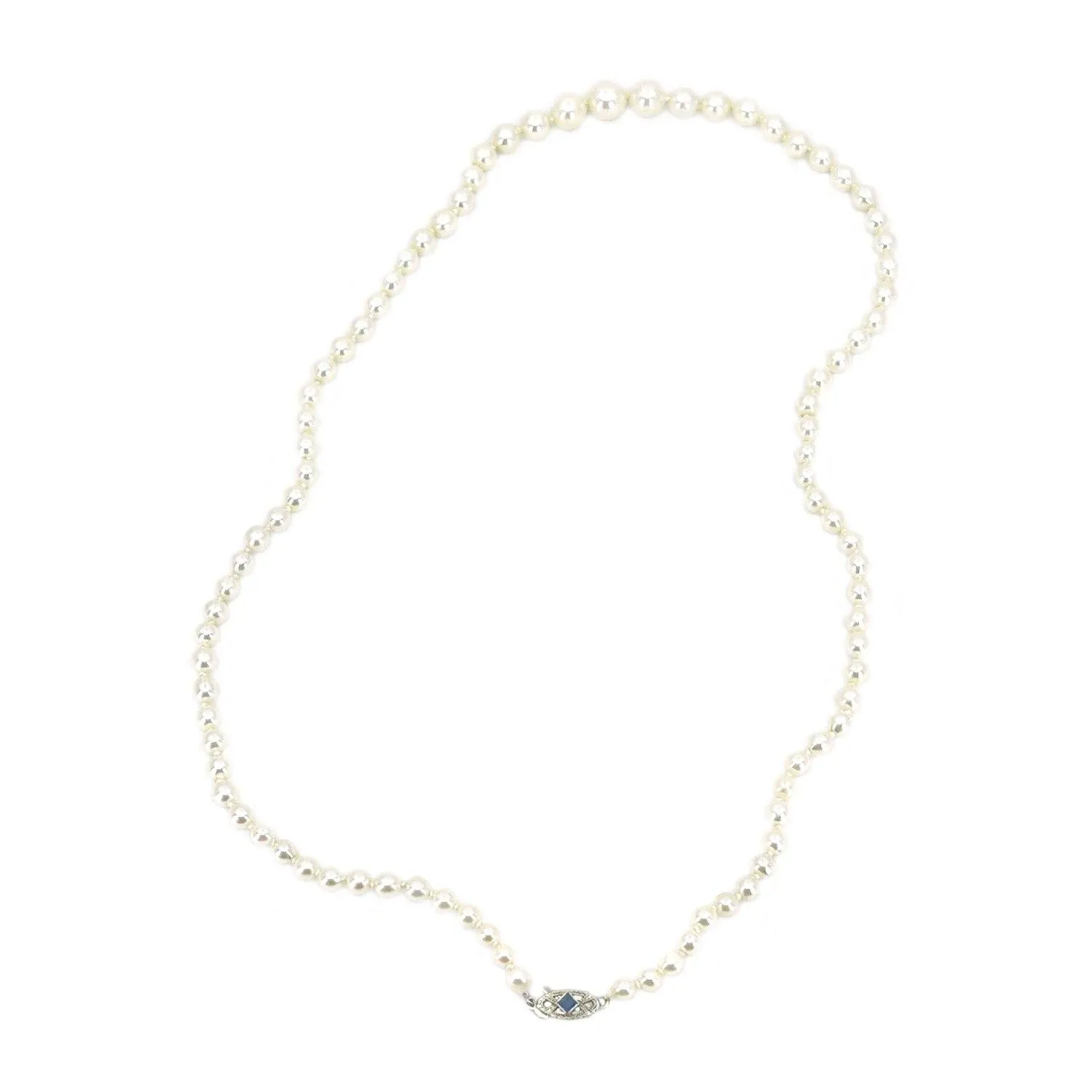 Cornflower Blue Sapphire Art Deco Japanese Saltwater Cultured Akoya Pearl Necklace - 18K White Gold 18.50 Inch