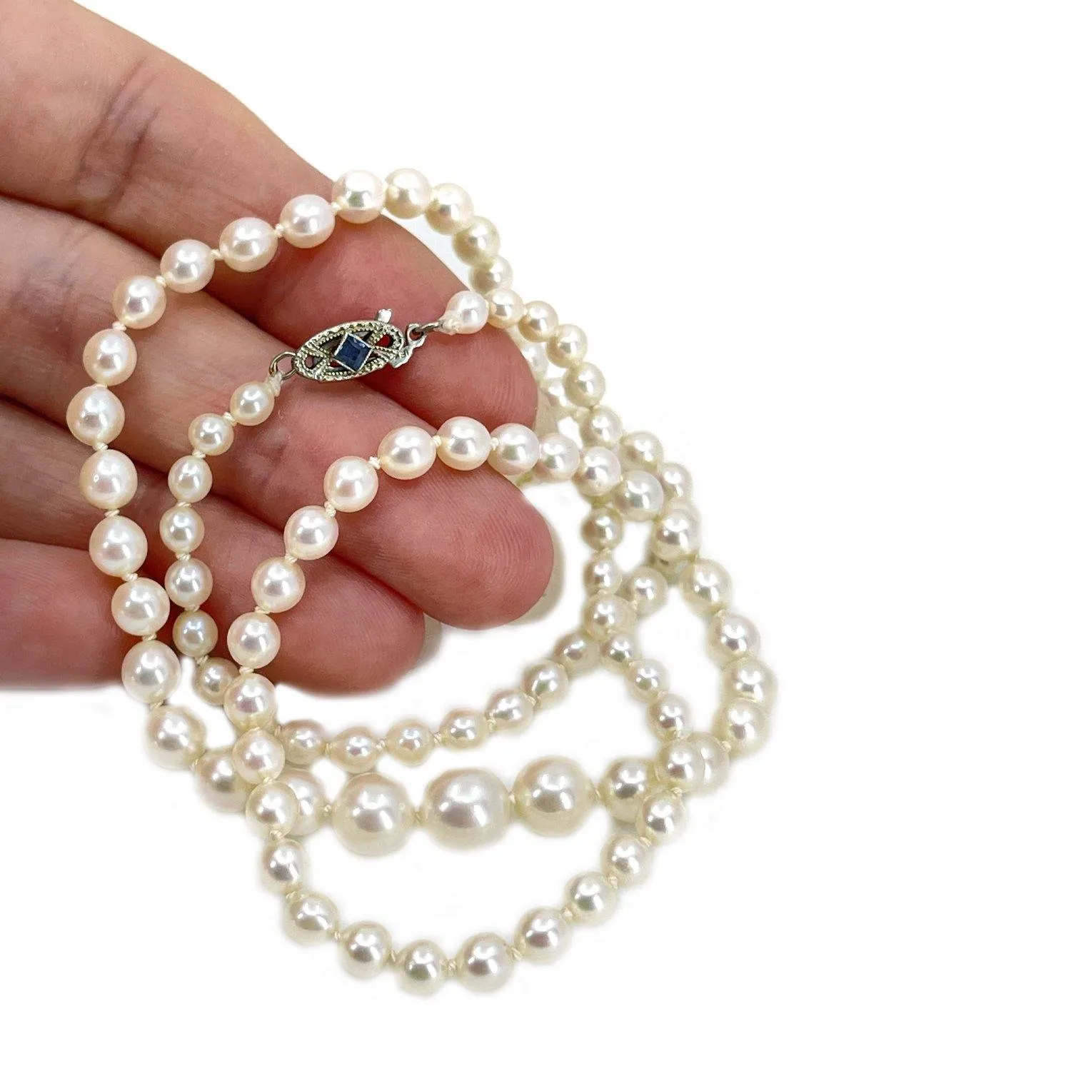 Cornflower Blue Sapphire Art Deco Japanese Saltwater Cultured Akoya Pearl Necklace - 18K White Gold 18.50 Inch