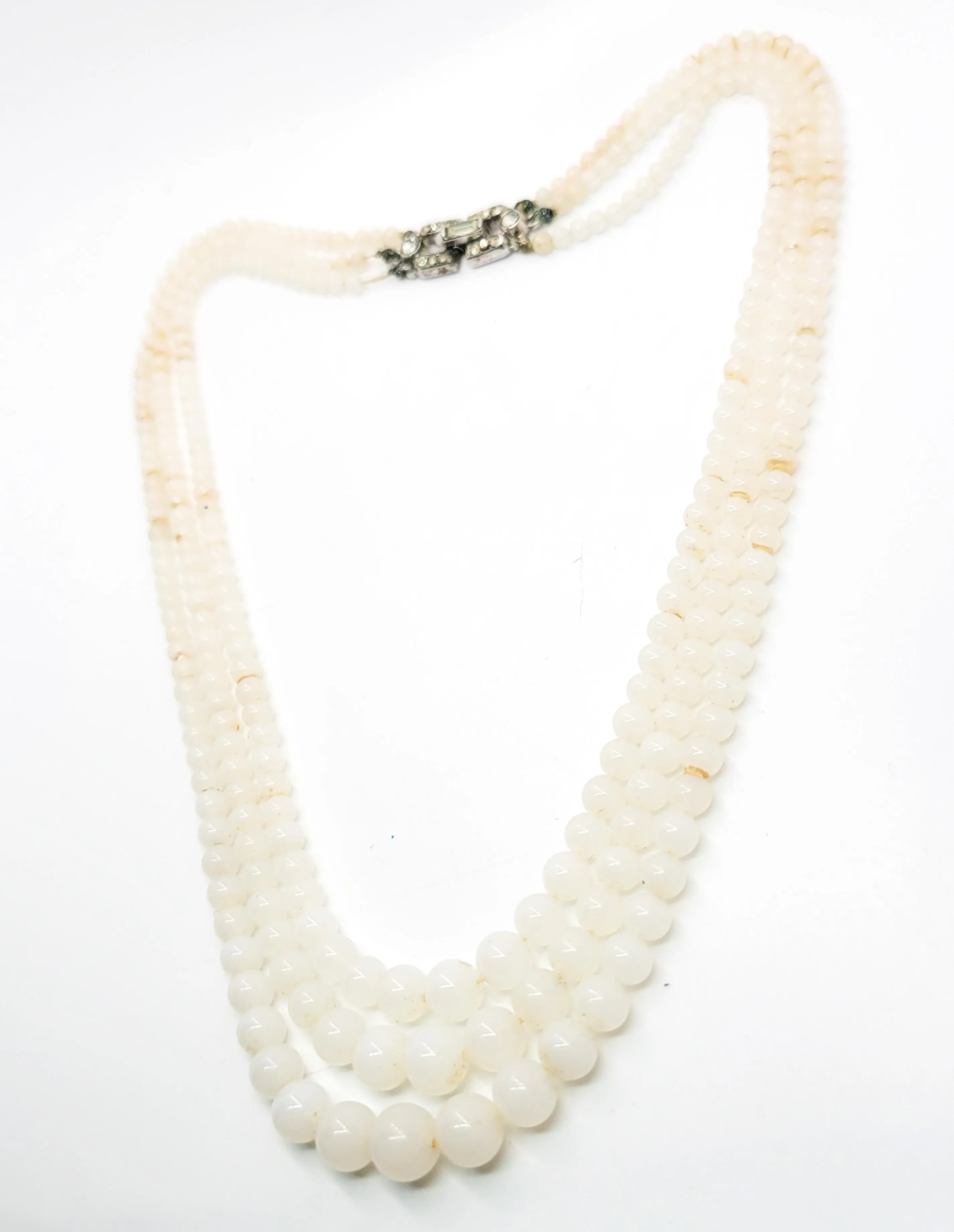 Crown Trifari Art Deco glass pearl three strand vintage necklace pave rhinestone clasp