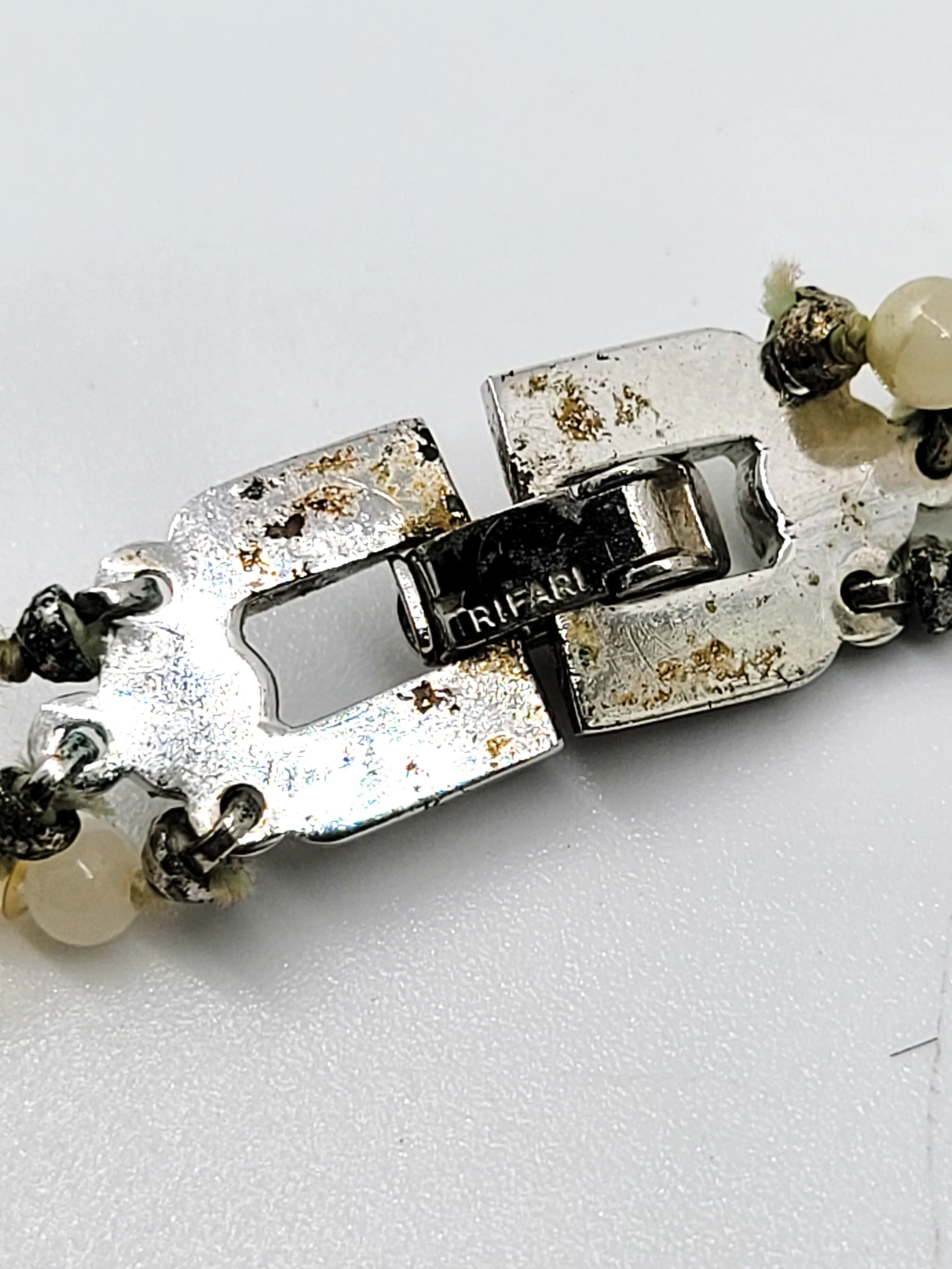 Crown Trifari Art Deco glass pearl three strand vintage necklace pave rhinestone clasp