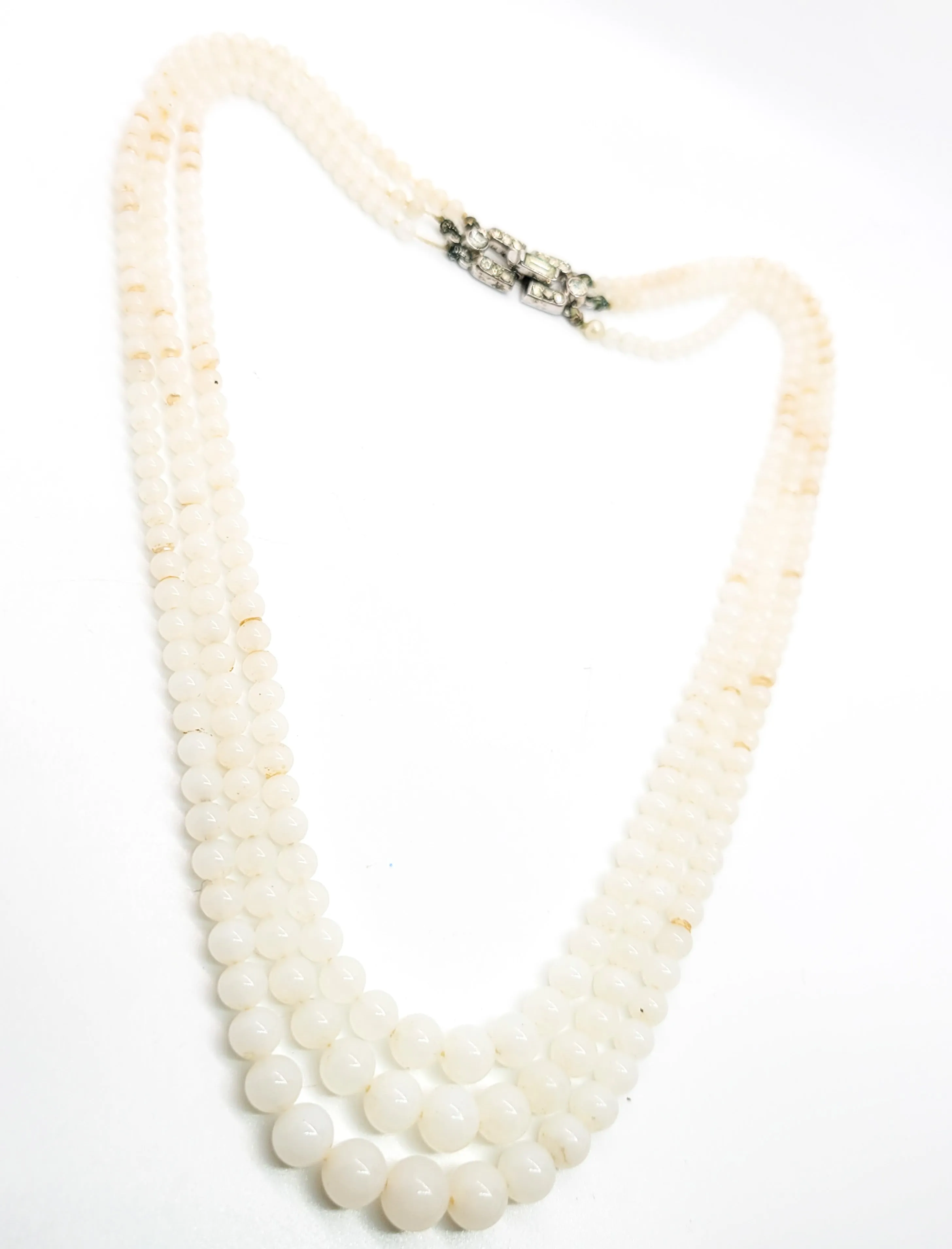 Crown Trifari Art Deco glass pearl three strand vintage necklace pave rhinestone clasp