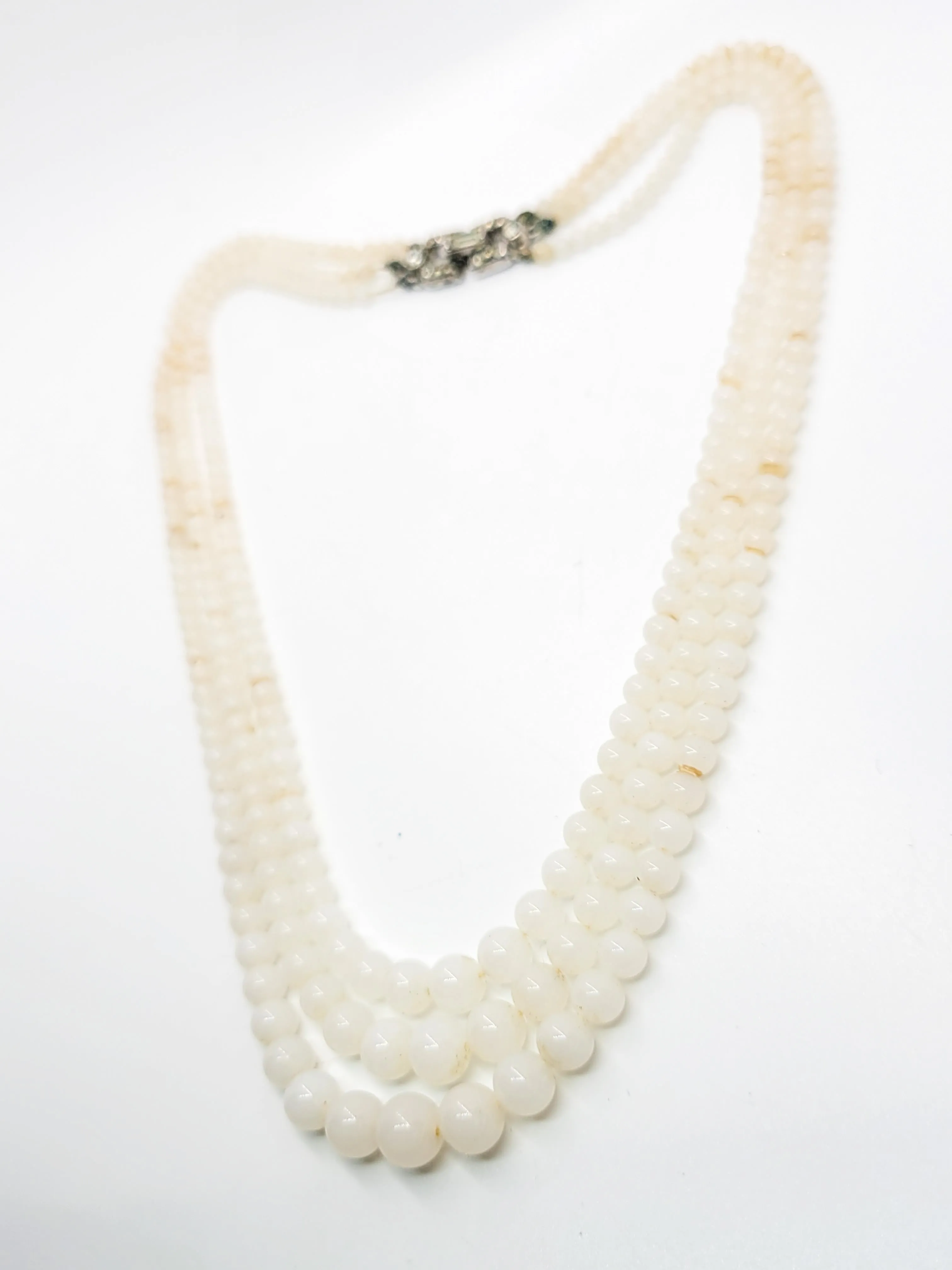 Crown Trifari Art Deco glass pearl three strand vintage necklace pave rhinestone clasp
