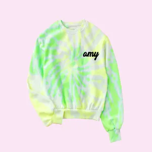 Custom Text Neon Green Crop Tie Dye Sweatshirt