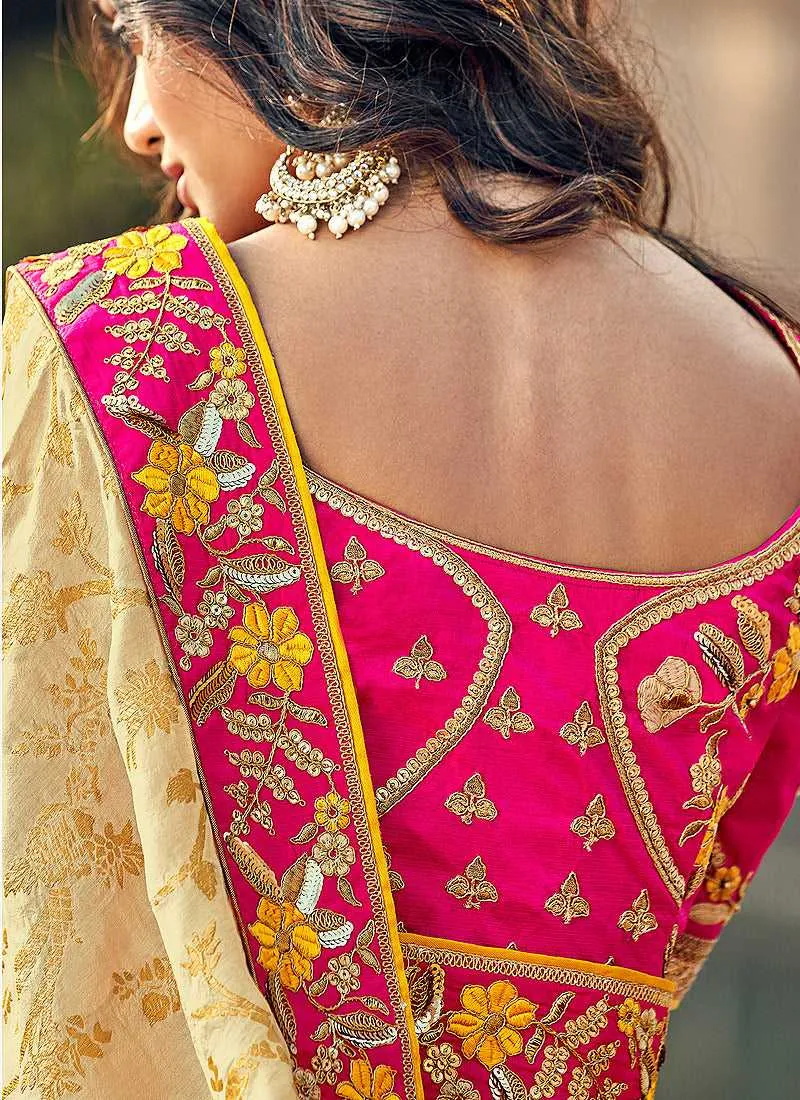 Dark Yellow and Pink Embroidered Bollywood Style Saree