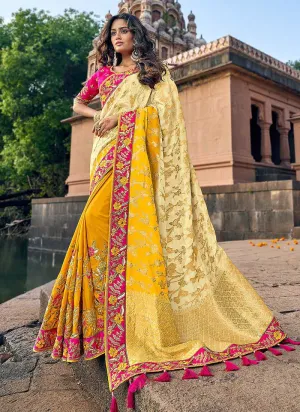 Dark Yellow and Pink Embroidered Bollywood Style Saree