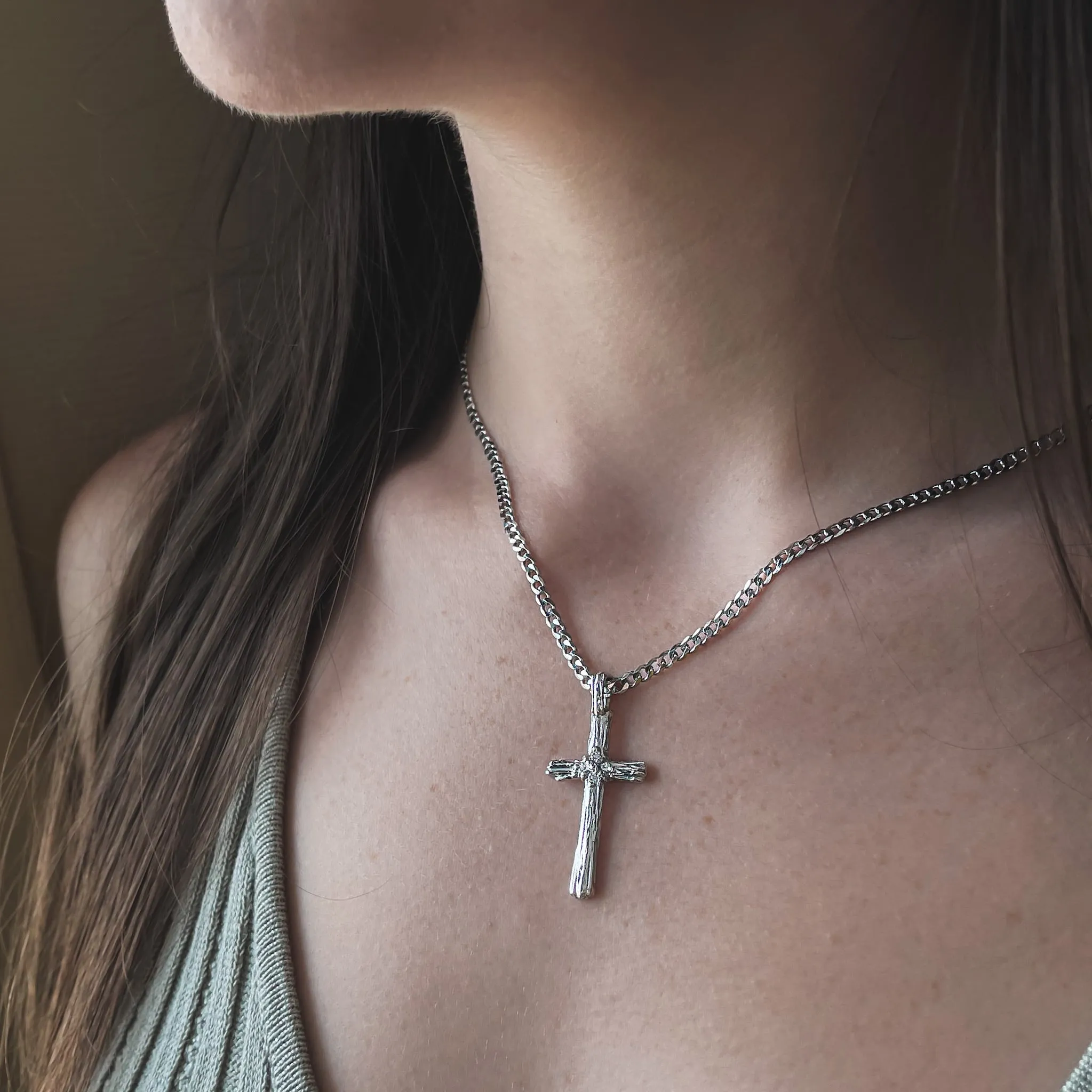 Diamond Driftwood Cross Necklace in 14k White Gold