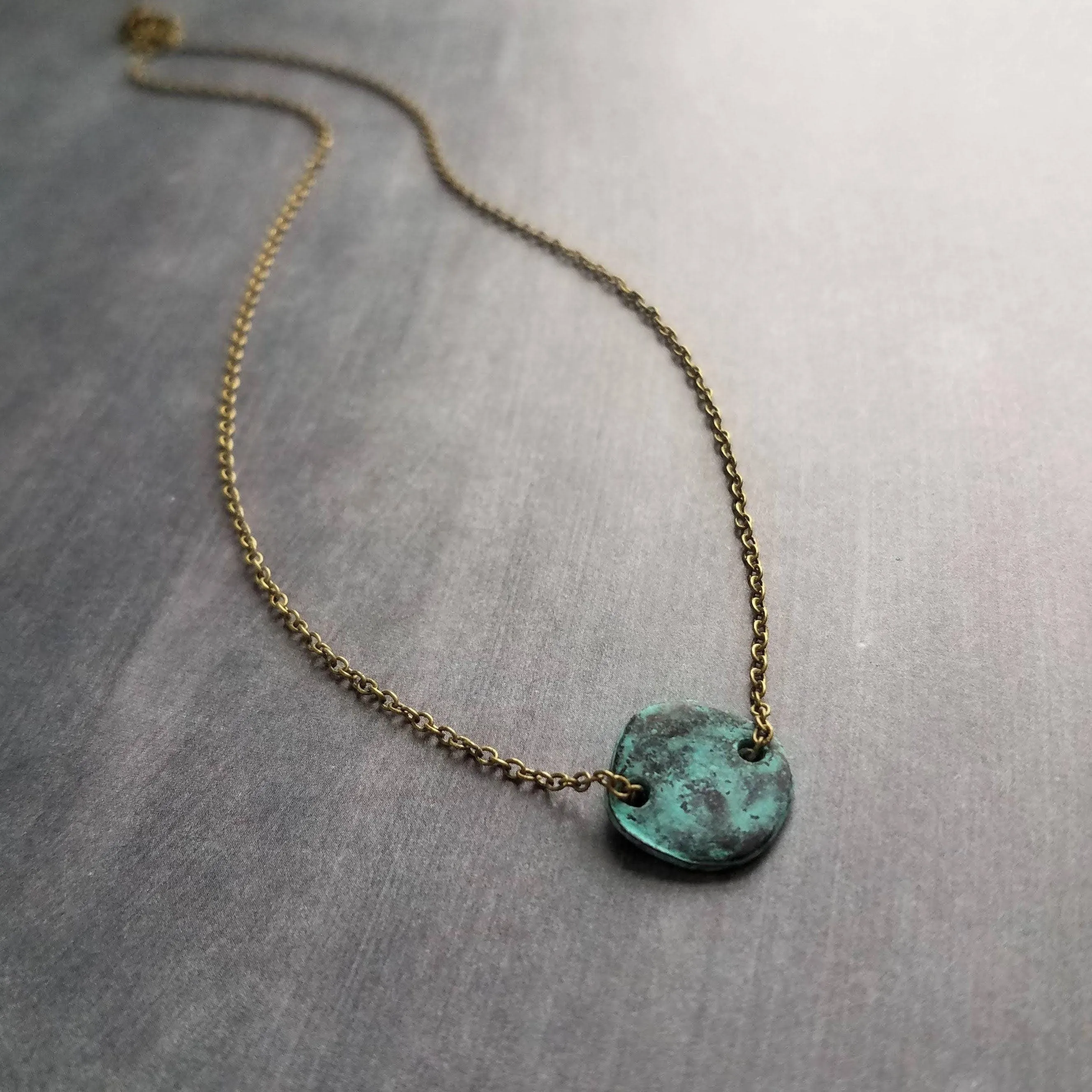 Disk Necklace, verdigris patina necklace, patina disc necklace, simple disk necklace, small disk necklace, aqua patina necklace, small round
