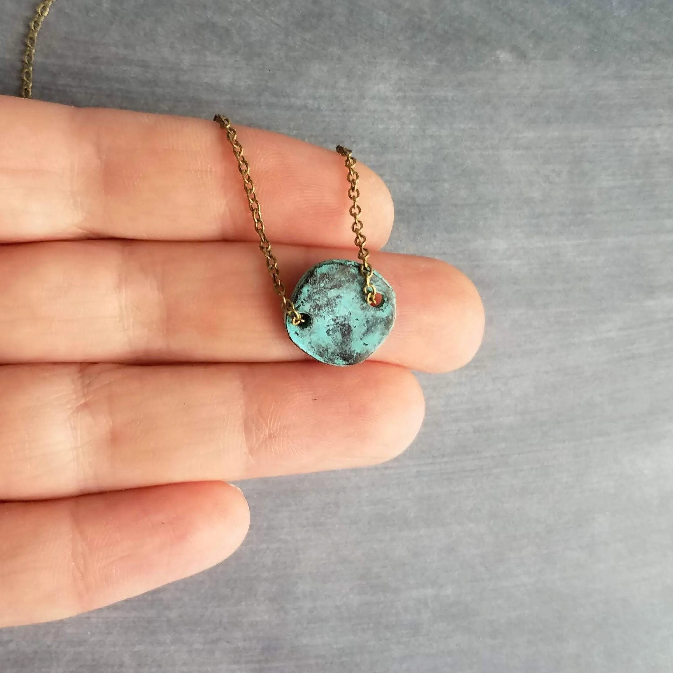 Disk Necklace, verdigris patina necklace, patina disc necklace, simple disk necklace, small disk necklace, aqua patina necklace, small round