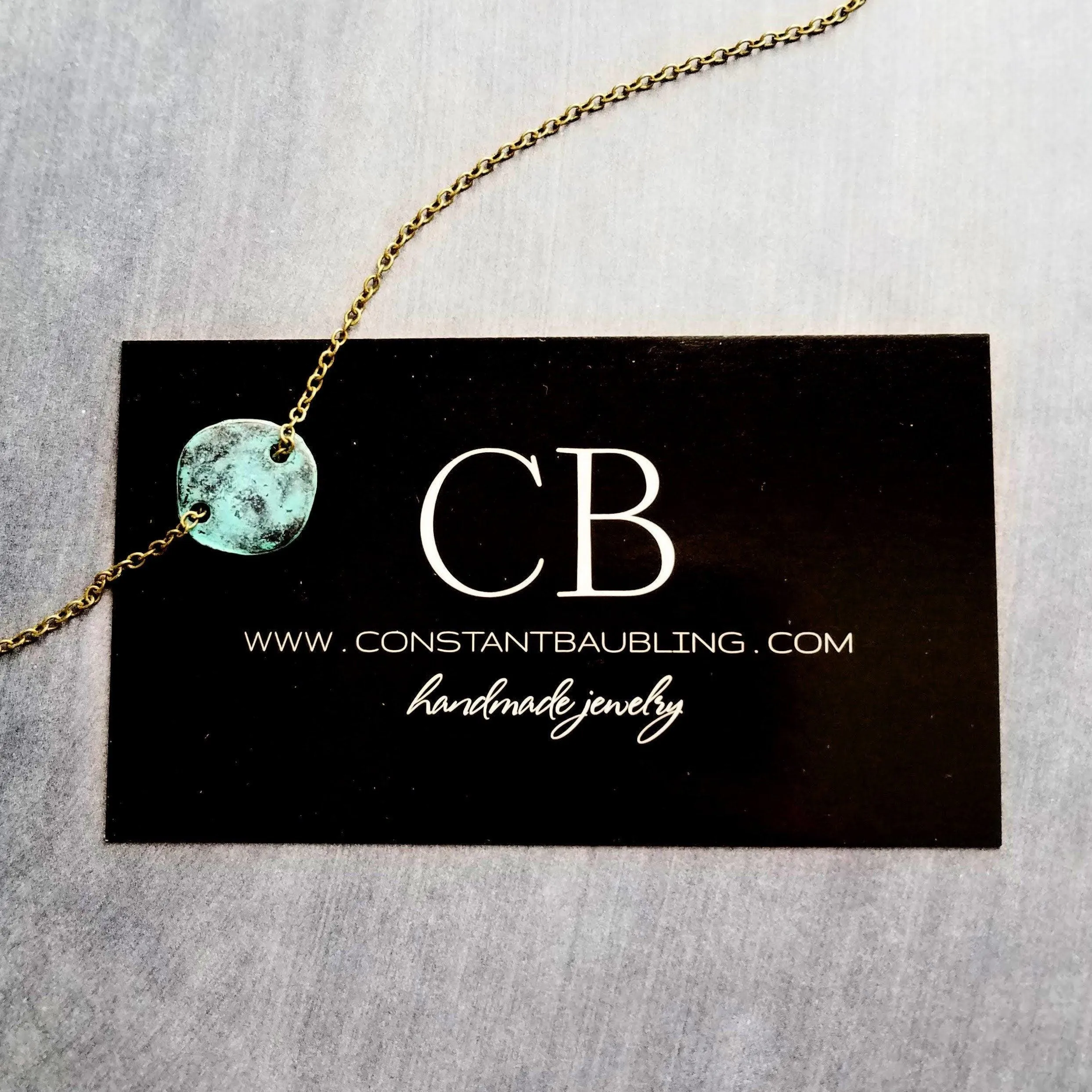 Disk Necklace, verdigris patina necklace, patina disc necklace, simple disk necklace, small disk necklace, aqua patina necklace, small round