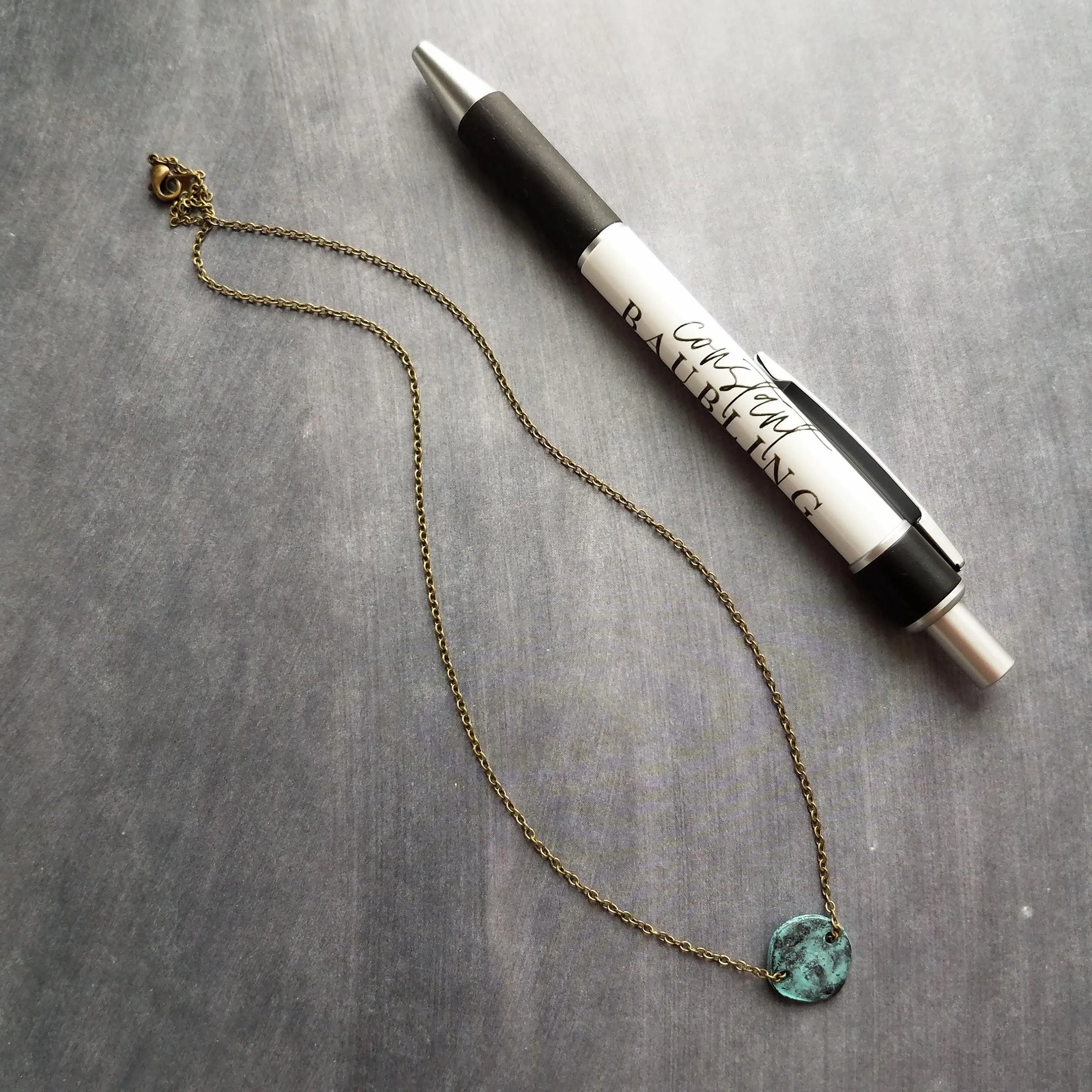 Disk Necklace, verdigris patina necklace, patina disc necklace, simple disk necklace, small disk necklace, aqua patina necklace, small round