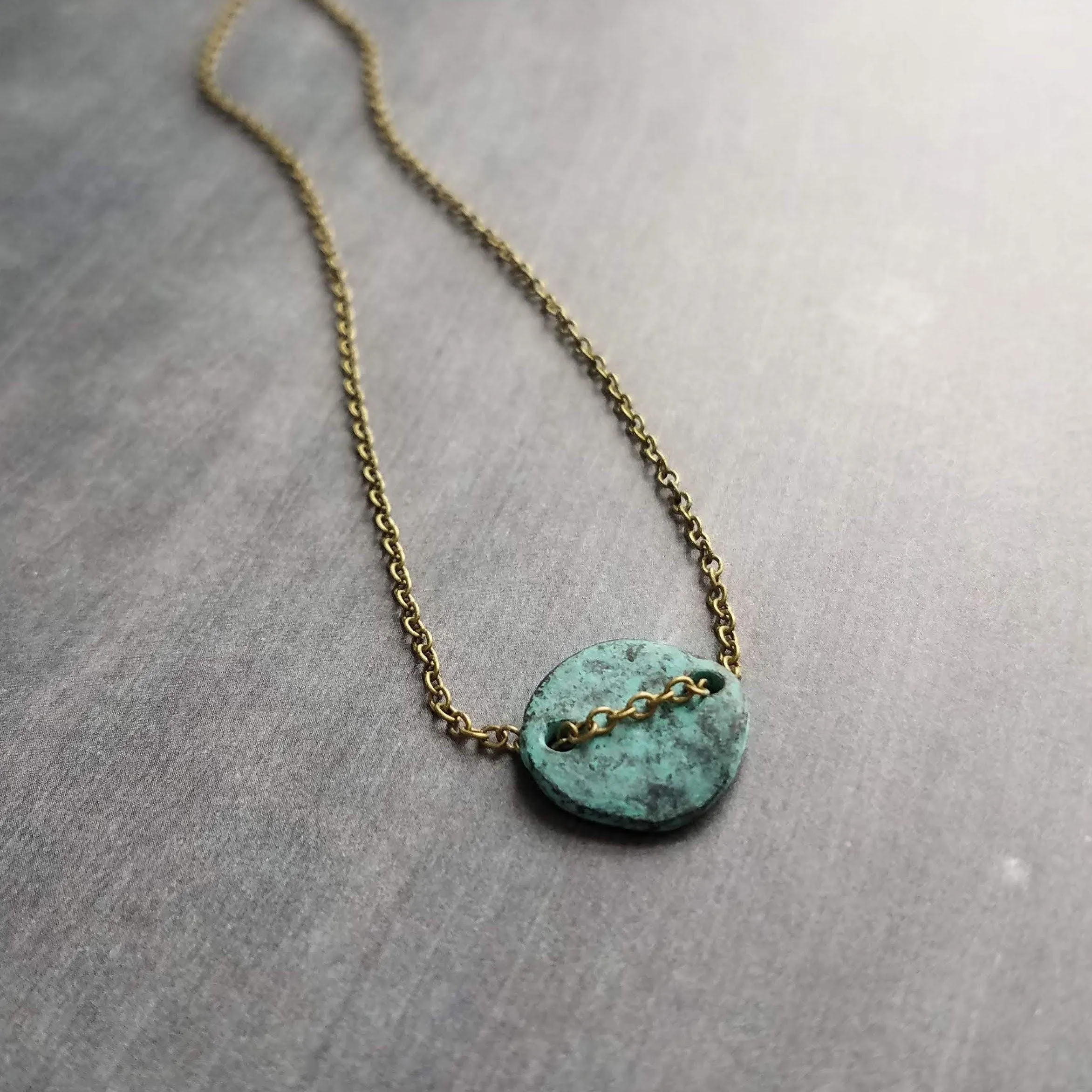 Disk Necklace, verdigris patina necklace, patina disc necklace, simple disk necklace, small disk necklace, aqua patina necklace, small round