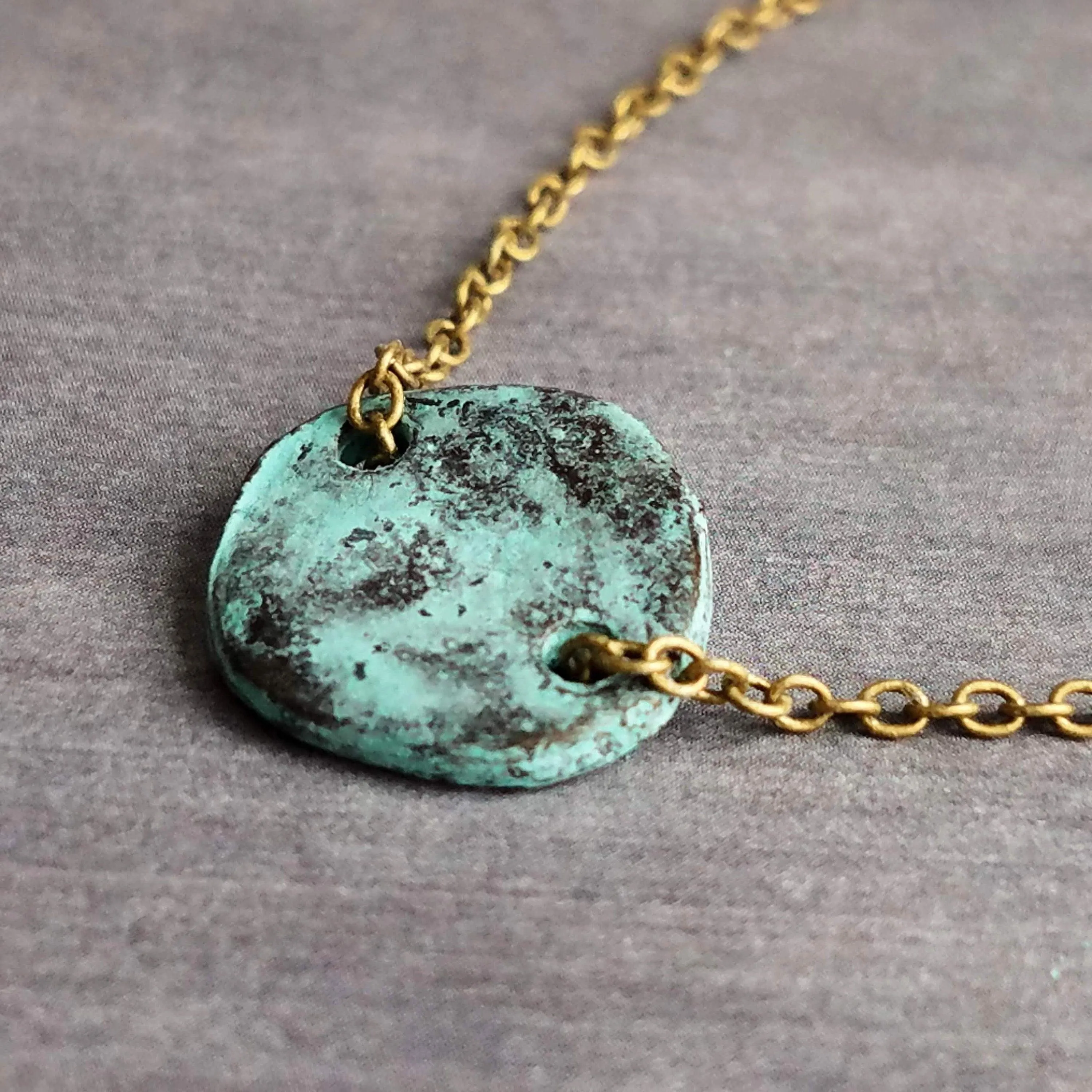 Disk Necklace, verdigris patina necklace, patina disc necklace, simple disk necklace, small disk necklace, aqua patina necklace, small round