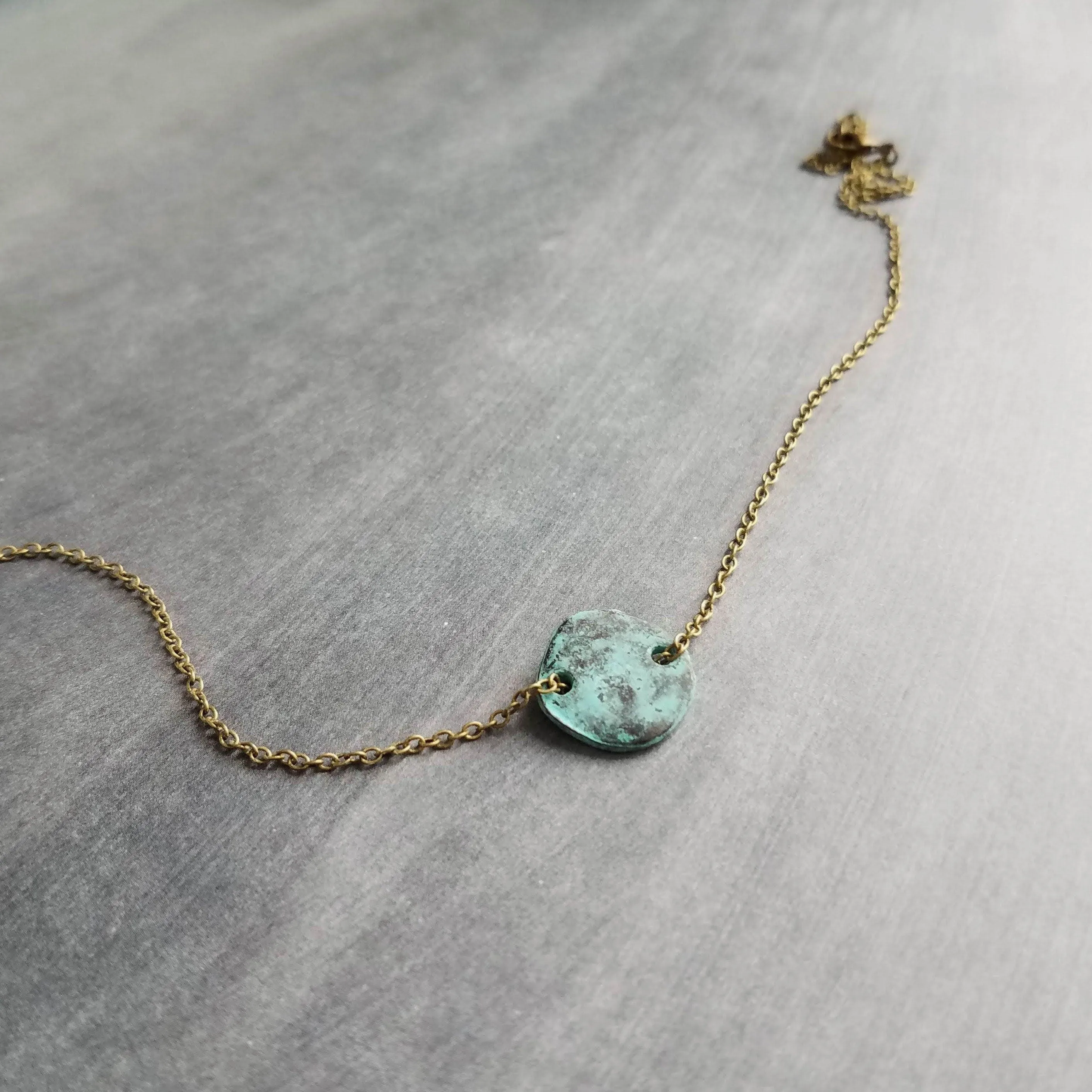 Disk Necklace, verdigris patina necklace, patina disc necklace, simple disk necklace, small disk necklace, aqua patina necklace, small round