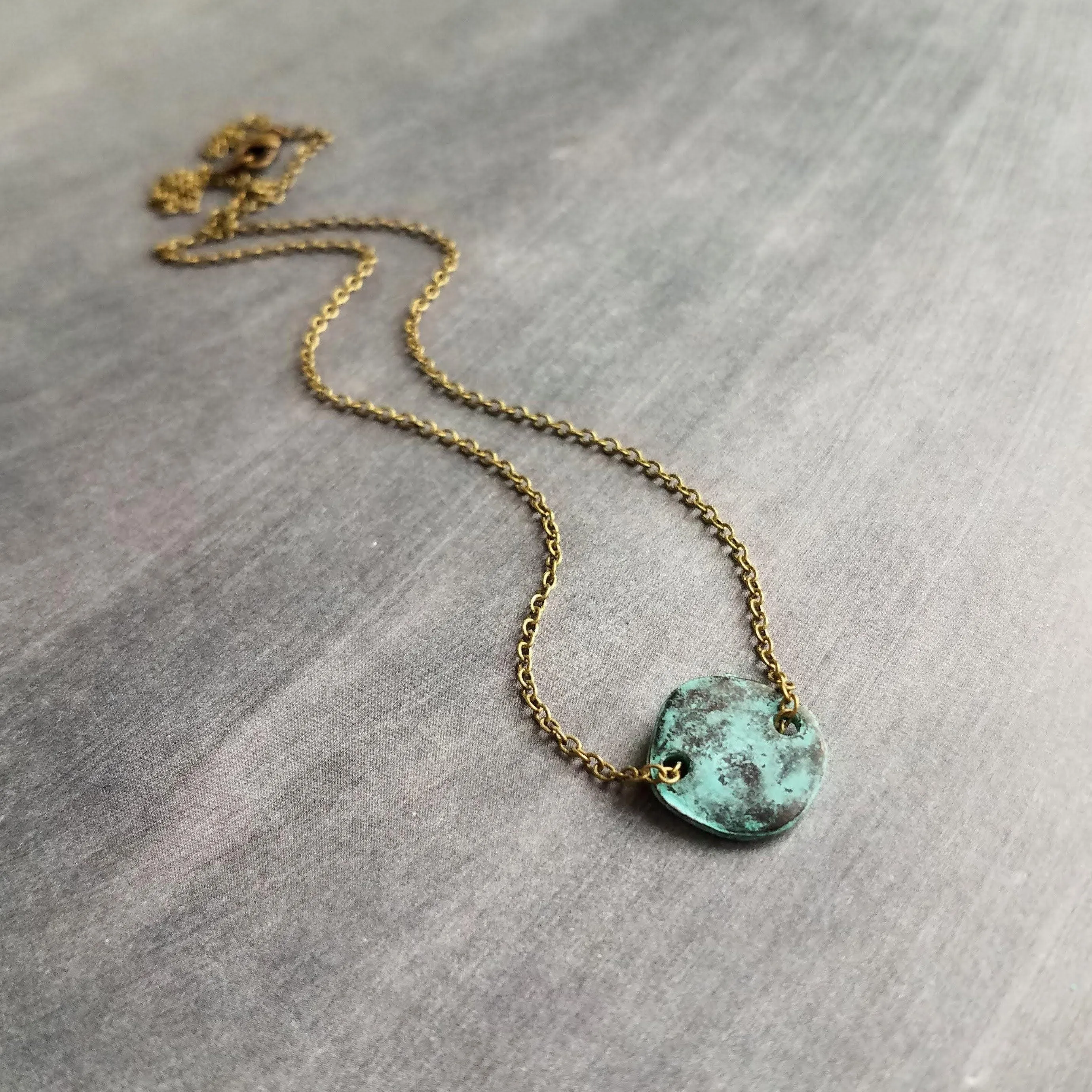 Disk Necklace, verdigris patina necklace, patina disc necklace, simple disk necklace, small disk necklace, aqua patina necklace, small round