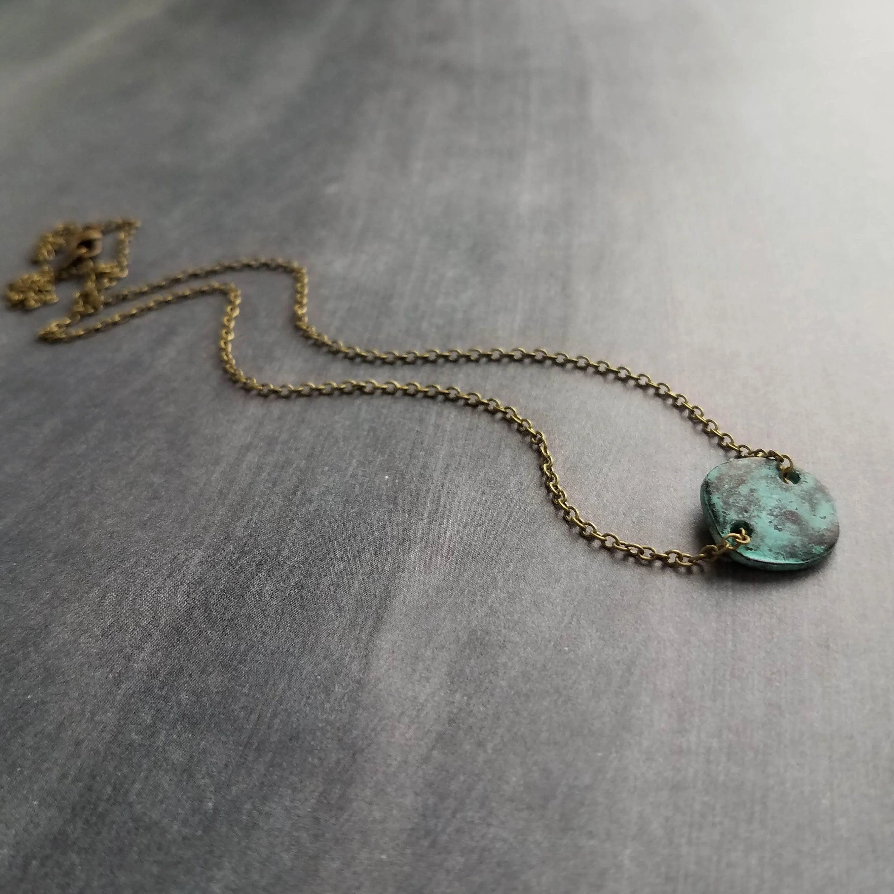 Disk Necklace, verdigris patina necklace, patina disc necklace, simple disk necklace, small disk necklace, aqua patina necklace, small round