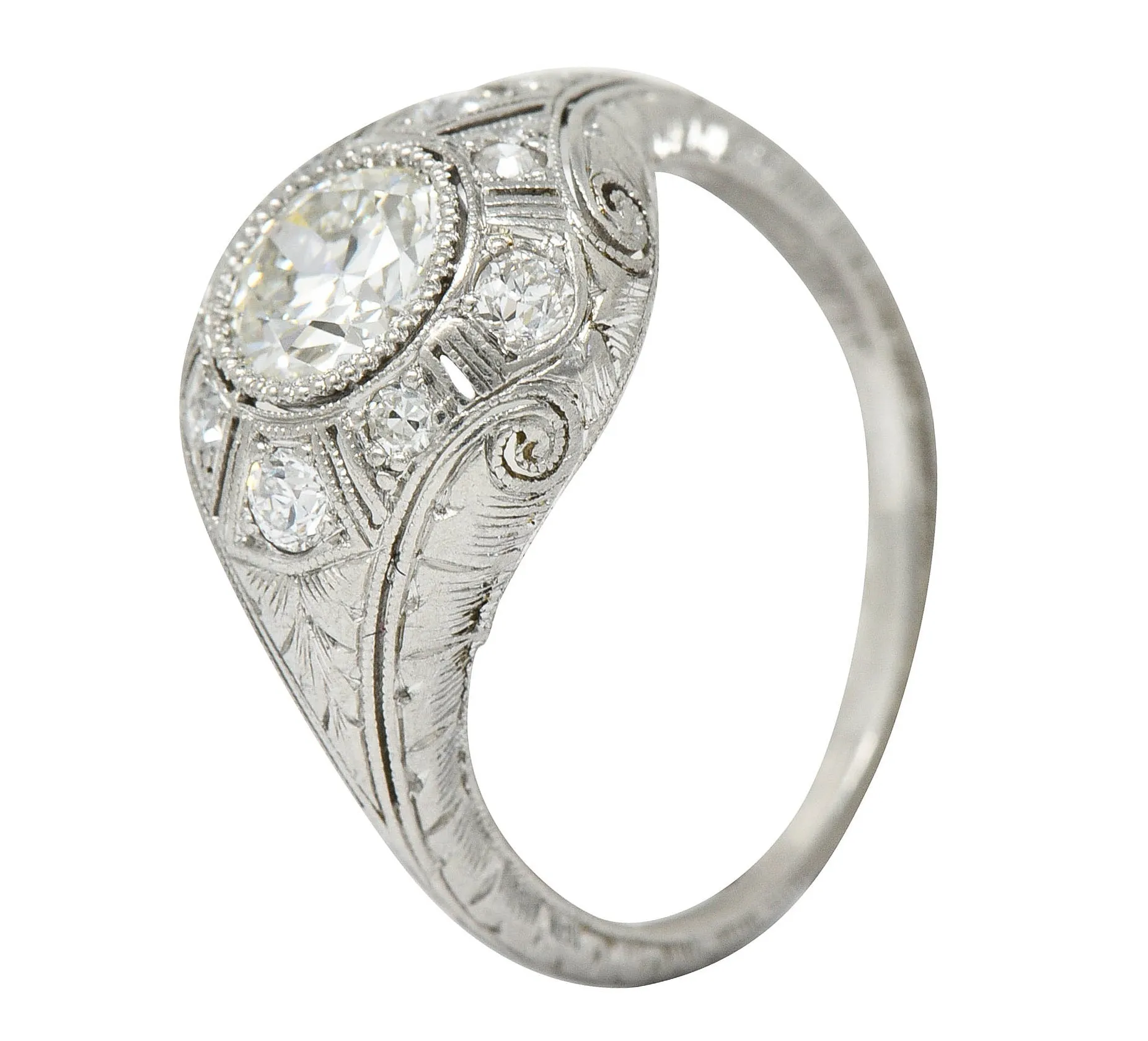 Early Art Deco 1.07 CTW Diamond Platinum Bombe Foliate Engagement Ring