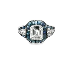 Emerald Cut Diamond Ring with Sapphires