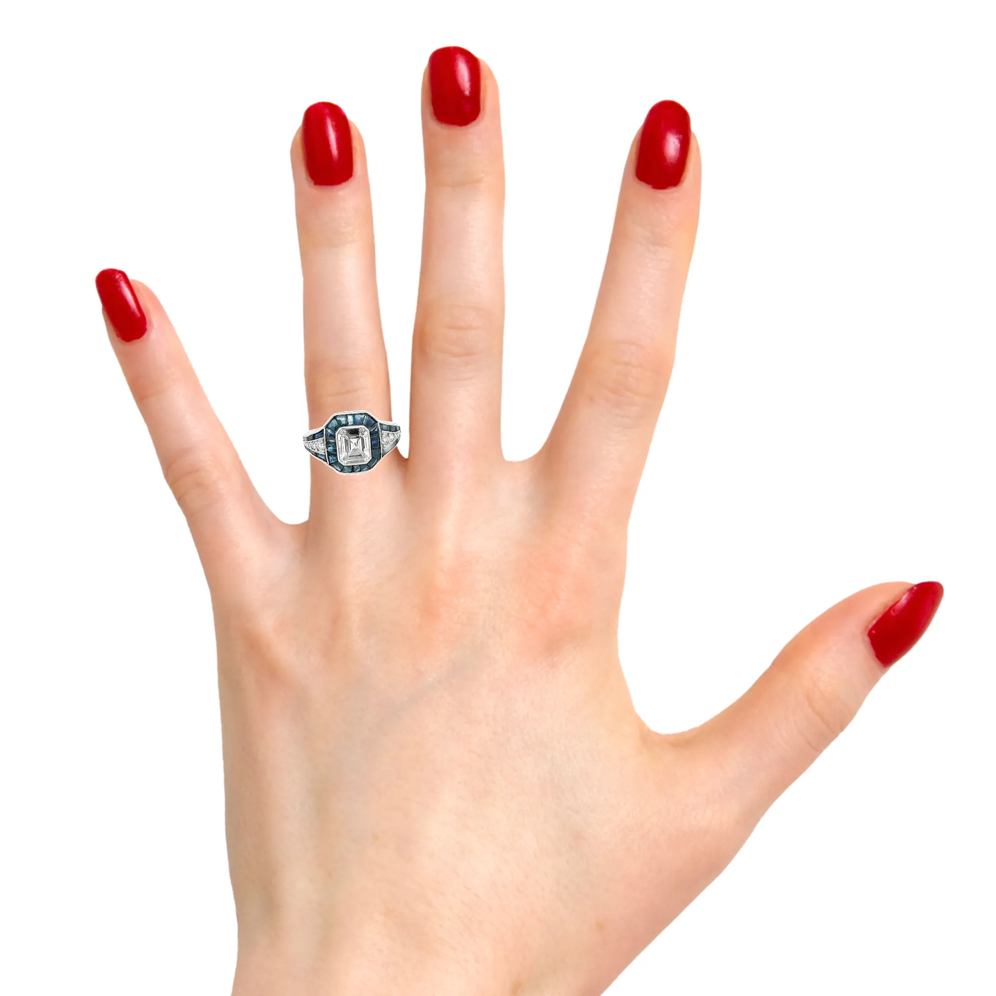 Emerald Cut Diamond Ring with Sapphires