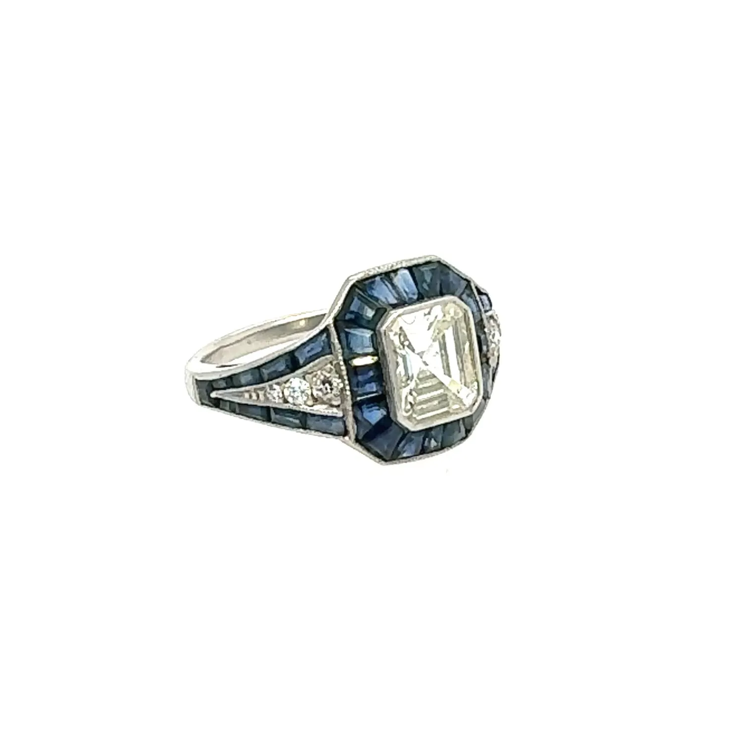 Emerald Cut Diamond Ring with Sapphires