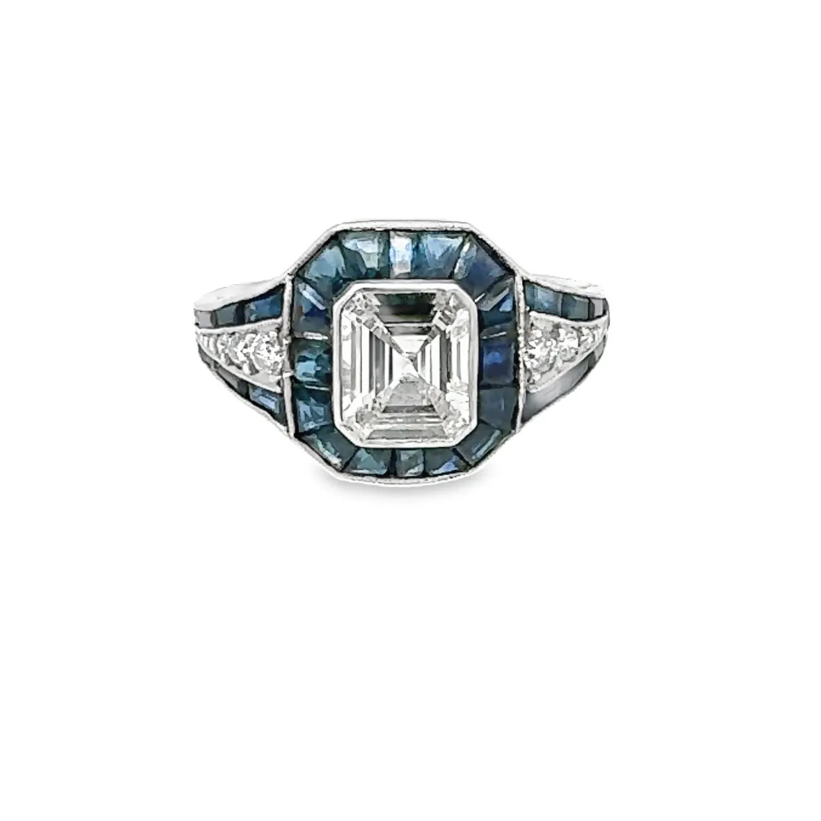 Emerald Cut Diamond Ring with Sapphires