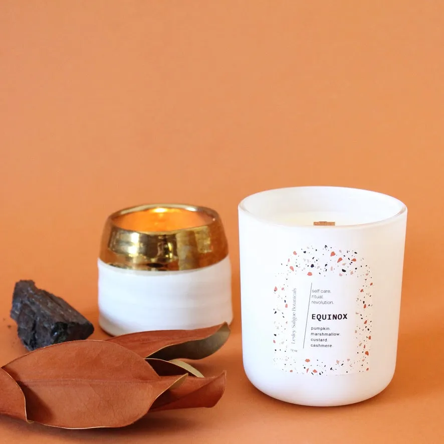 EQUINOX Hand Poured Candle. Charred Marshmallow. Pumpkin Pulp. Cashmere. Vetiver. Wood Wick. 12 oz. Matte White.