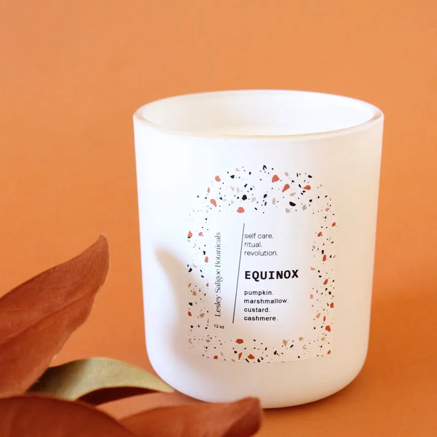 EQUINOX Hand Poured Candle. Charred Marshmallow. Pumpkin Pulp. Cashmere. Vetiver. Wood Wick. 12 oz. Matte White.