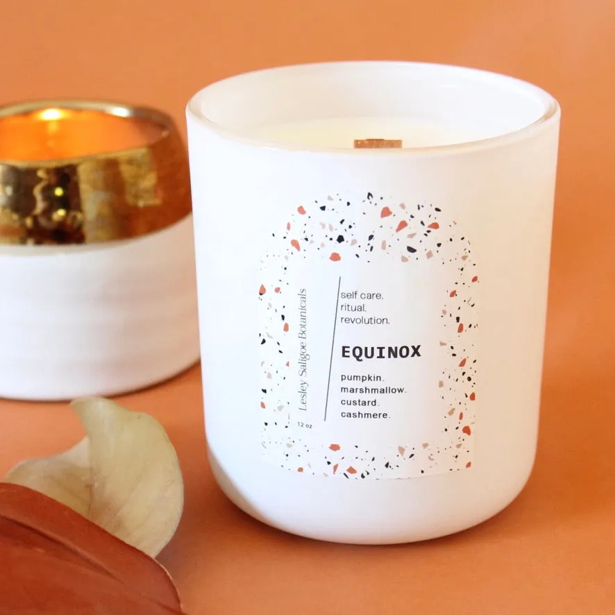 EQUINOX Hand Poured Candle. Charred Marshmallow. Pumpkin Pulp. Cashmere. Vetiver. Wood Wick. 12 oz. Matte White.