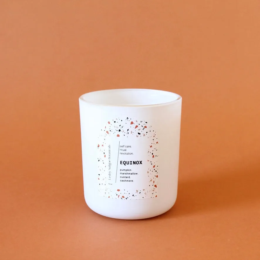 EQUINOX Hand Poured Candle. Charred Marshmallow. Pumpkin Pulp. Cashmere. Vetiver. Wood Wick. 12 oz. Matte White.