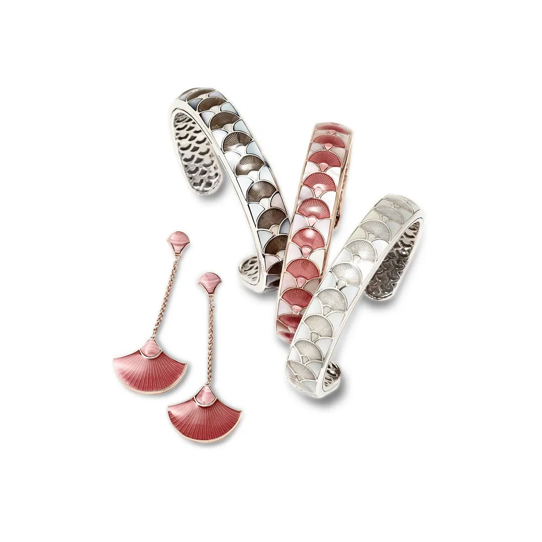 Fan Gemstone & Enamel Sterling Silver Cuff Bangle Bracelet