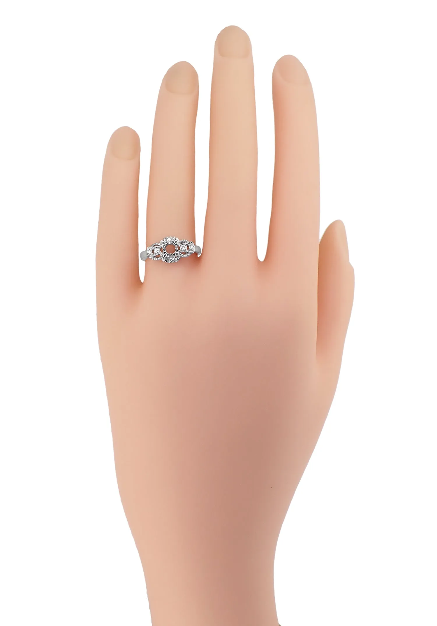 Filigree East to West Art Deco Engagement Ring Setting in White Gold for a 1/4 Carat Round Diamond