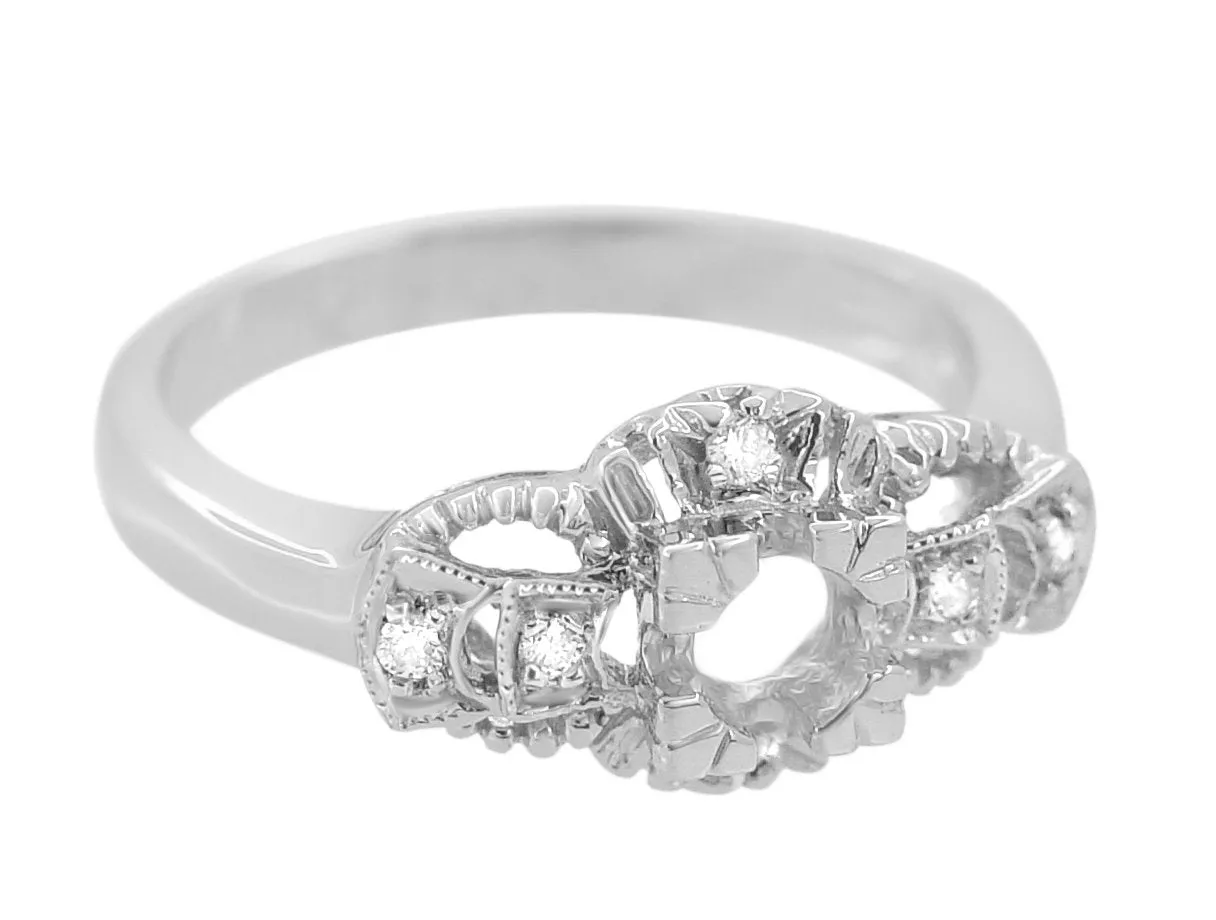 Filigree East to West Art Deco Engagement Ring Setting in White Gold for a 1/4 Carat Round Diamond
