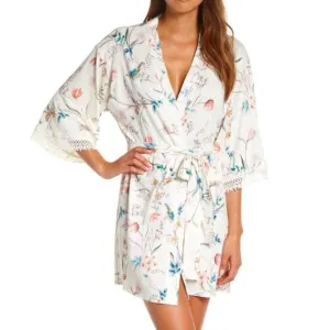 Flora Nikrooz Irene Short Floral Lace Trimmed Robe in Ivory, XS NWT