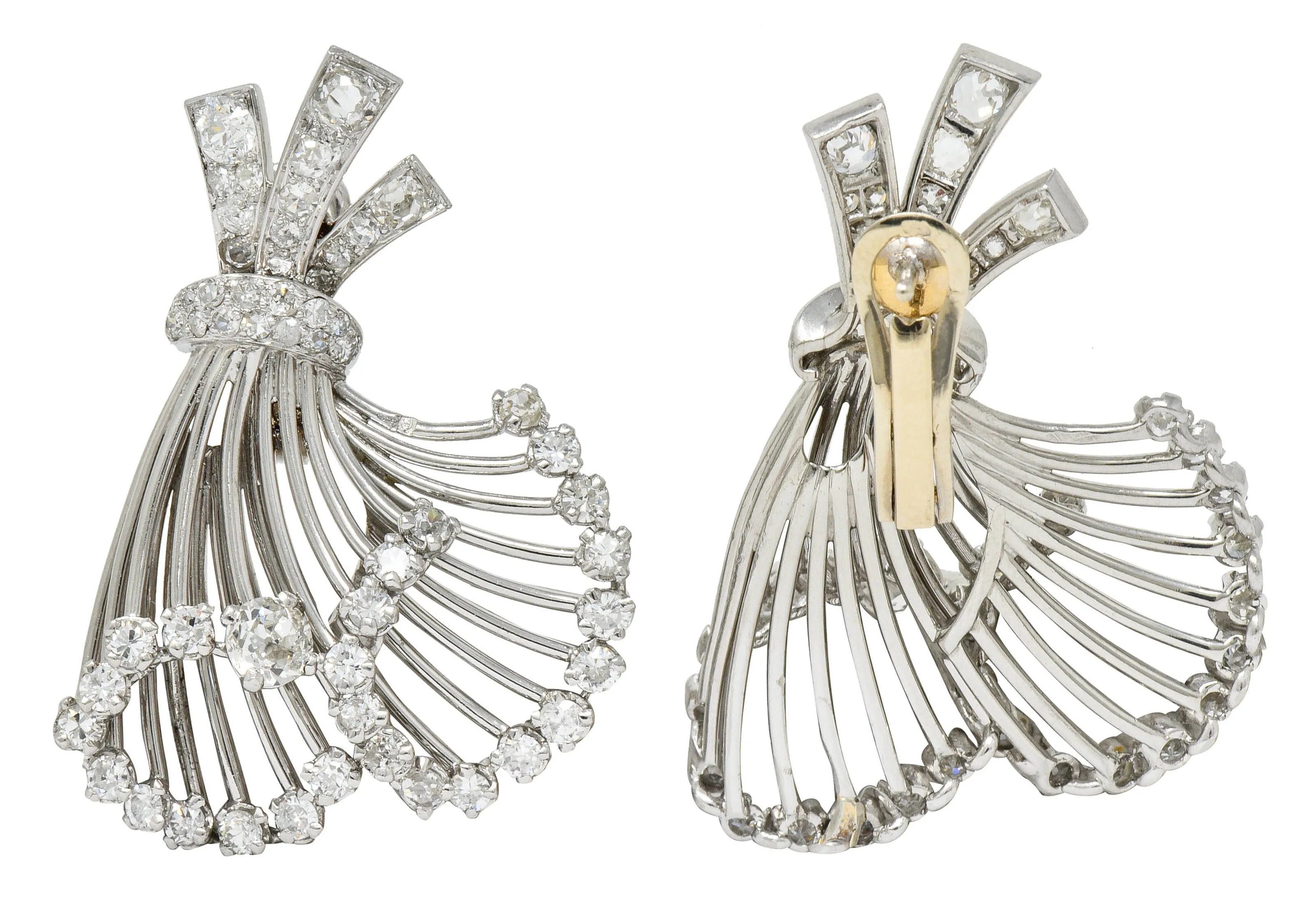 French Art Deco 7.32 CTW Diamond Platinum Flared Earrings