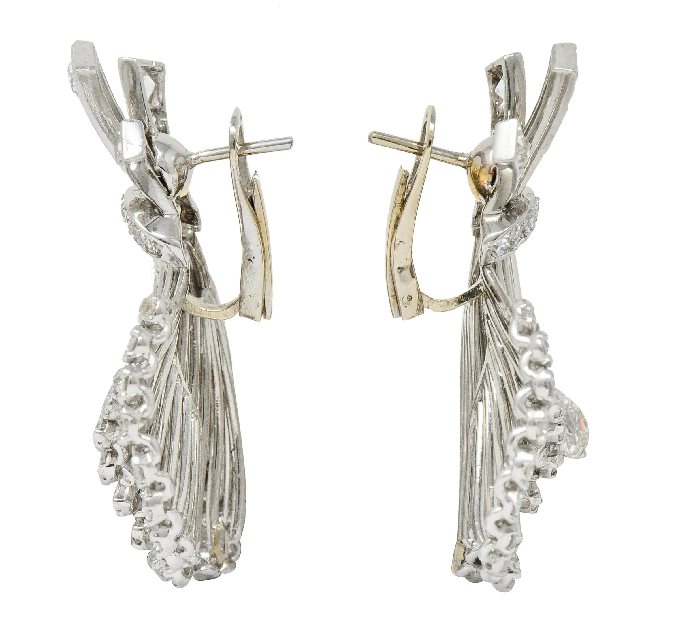 French Art Deco 7.32 CTW Diamond Platinum Flared Earrings