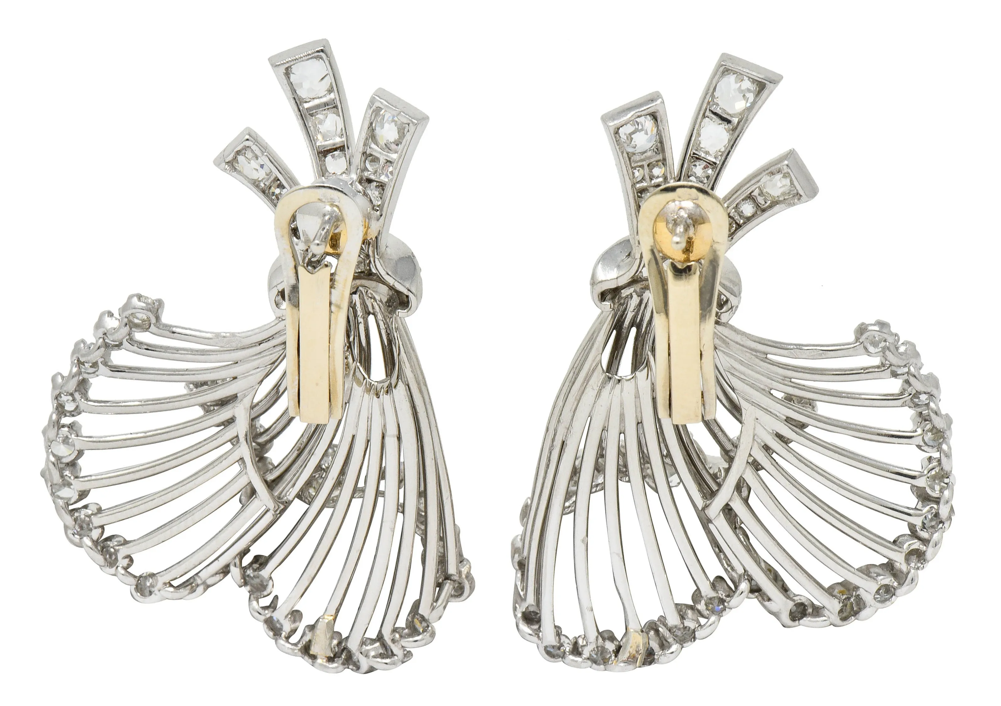 French Art Deco 7.32 CTW Diamond Platinum Flared Earrings