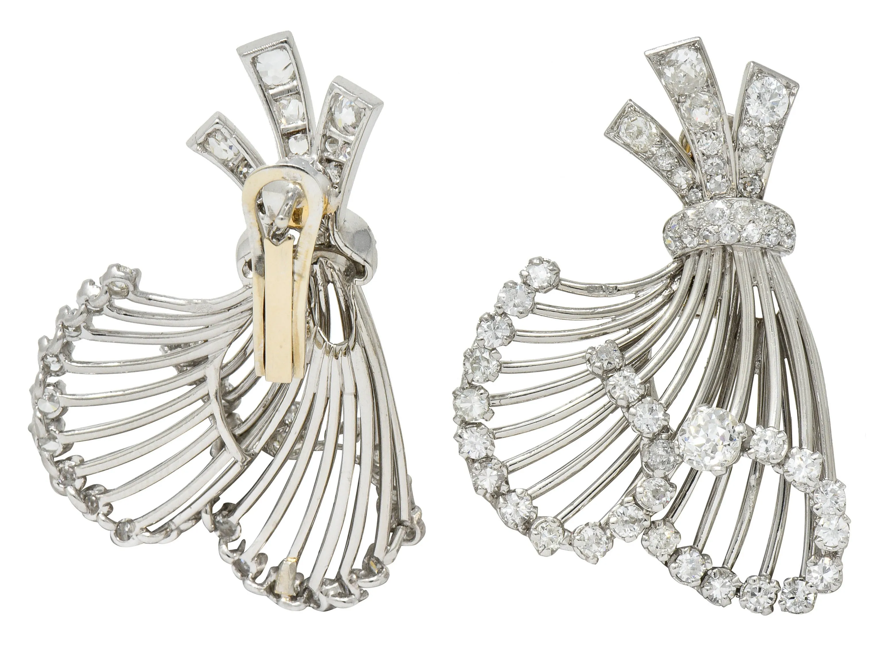 French Art Deco 7.32 CTW Diamond Platinum Flared Earrings