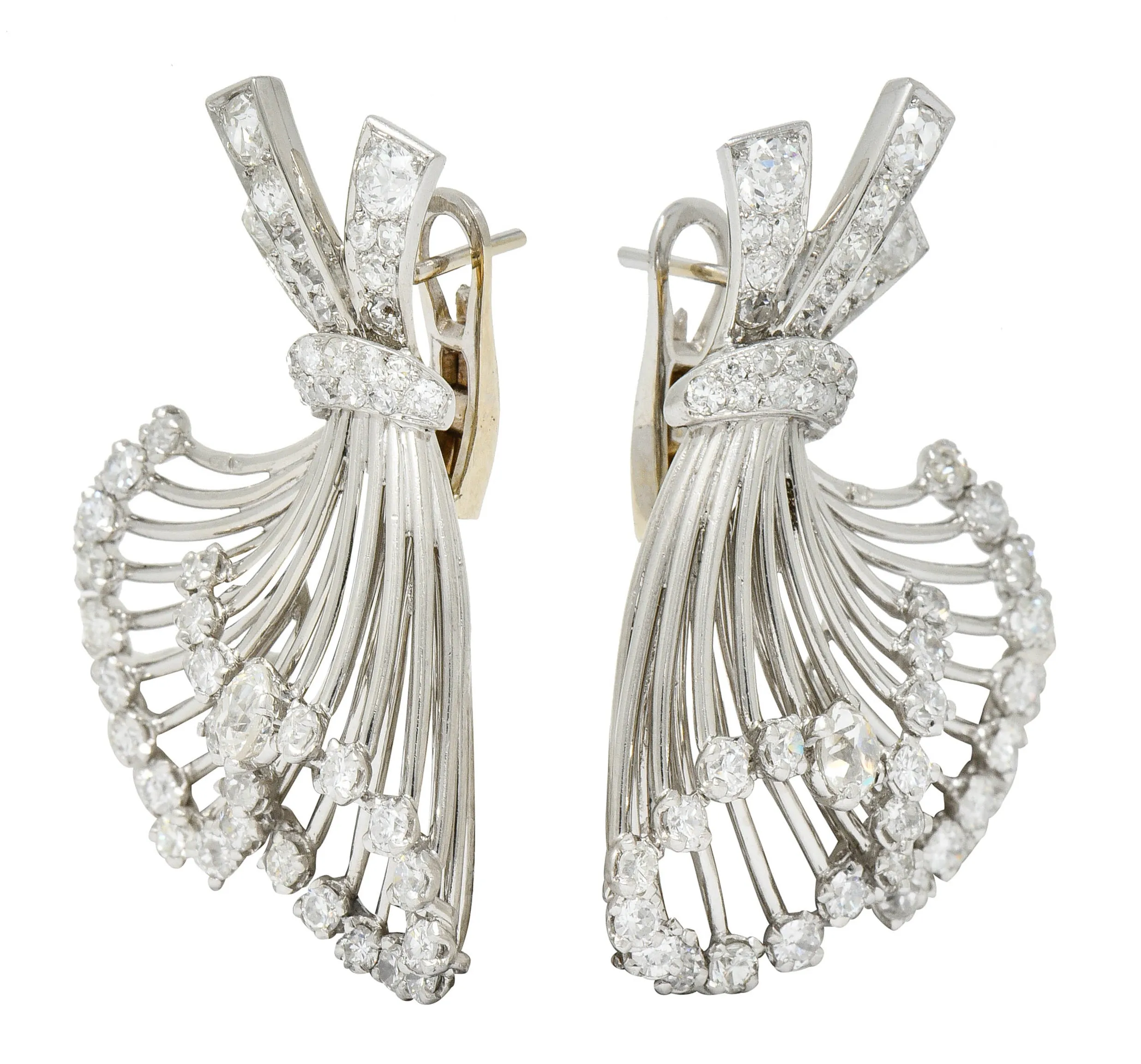 French Art Deco 7.32 CTW Diamond Platinum Flared Earrings