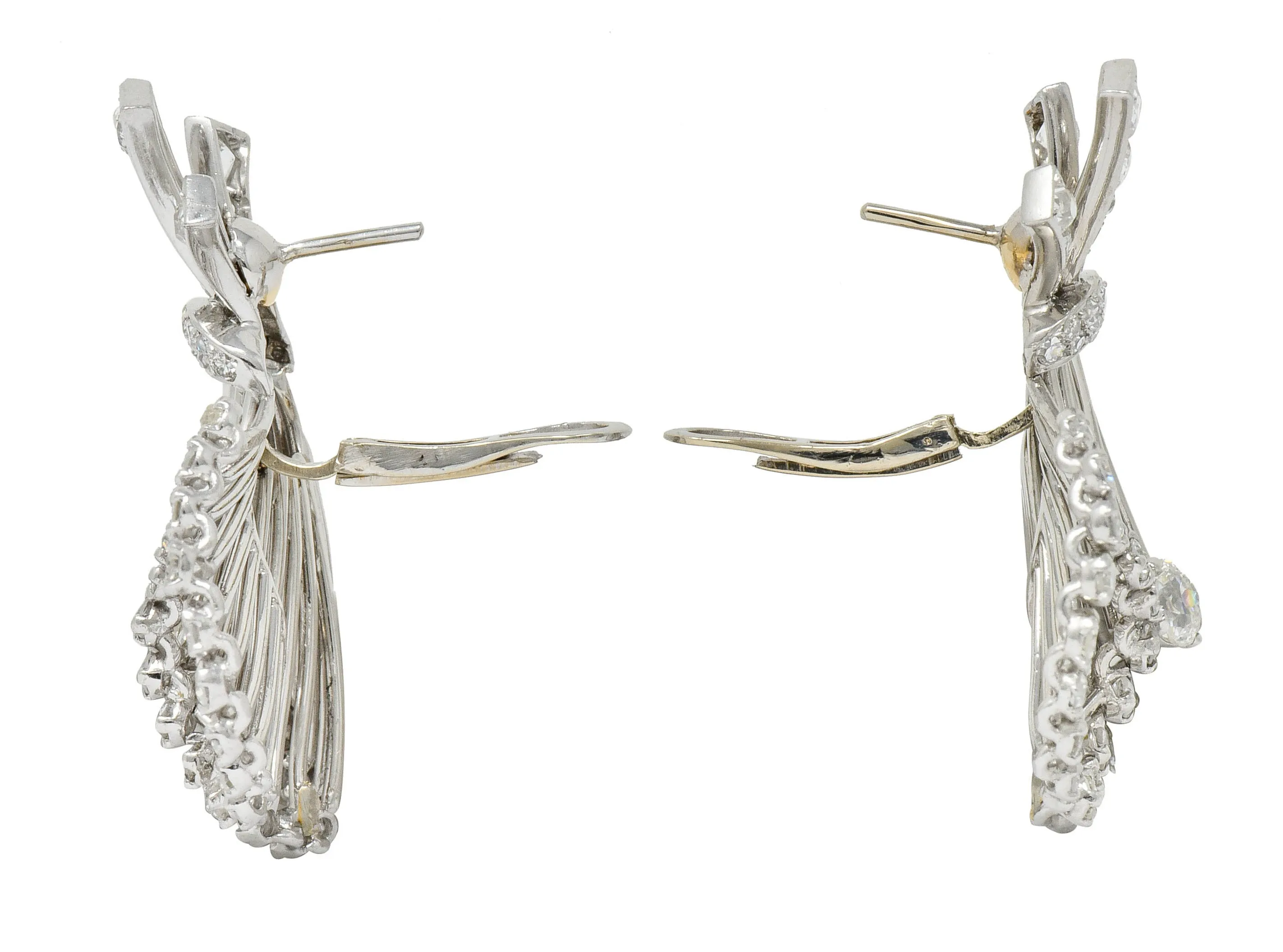 French Art Deco 7.32 CTW Diamond Platinum Flared Earrings