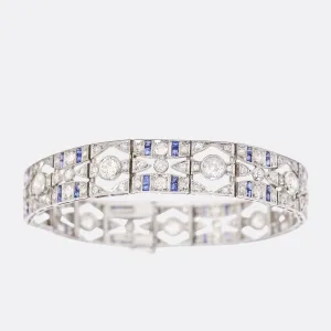 French Art Deco Diamond & Sapphire Millegrain Panel Bracelet