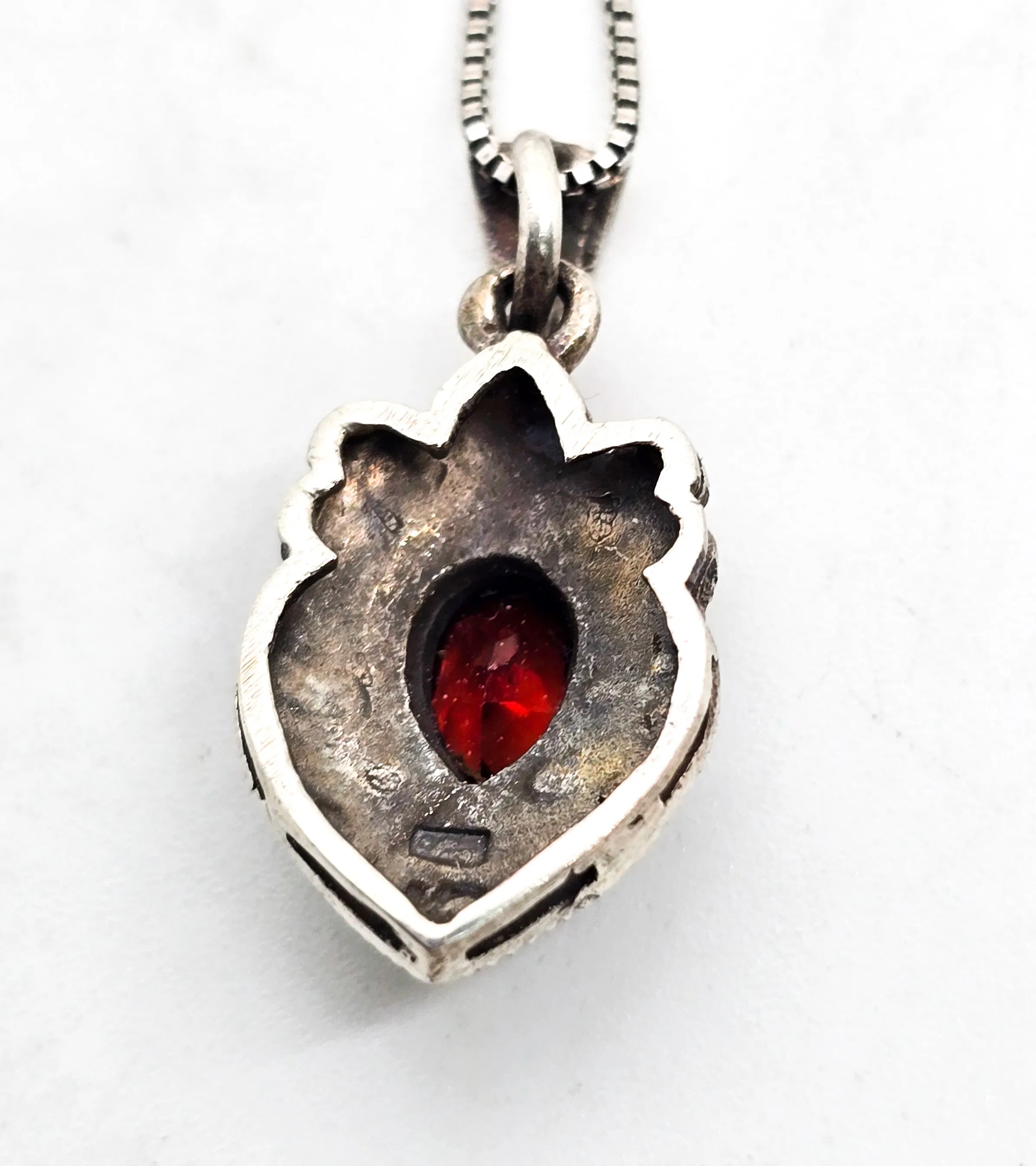 Garnet and marcasite Art Deco style petite sterling silver pendant necklace